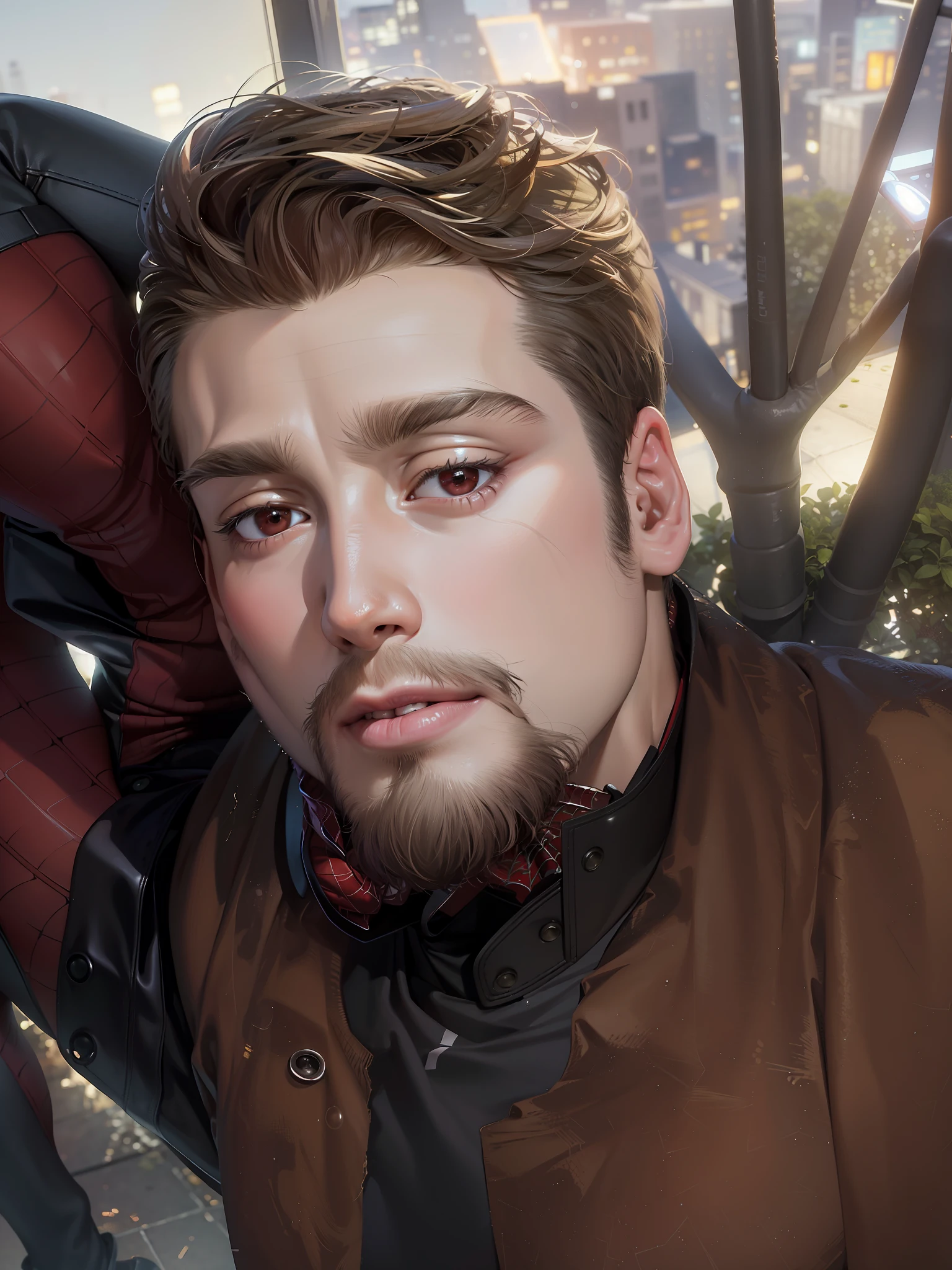 (masterpiece, best quality:1.2), solo, male focus, 1boy, expressionless, looking at viewer, squatting, short hair, (streaked hair:1.1), red eyes, spider suit, spider web print, spider web, rooftop