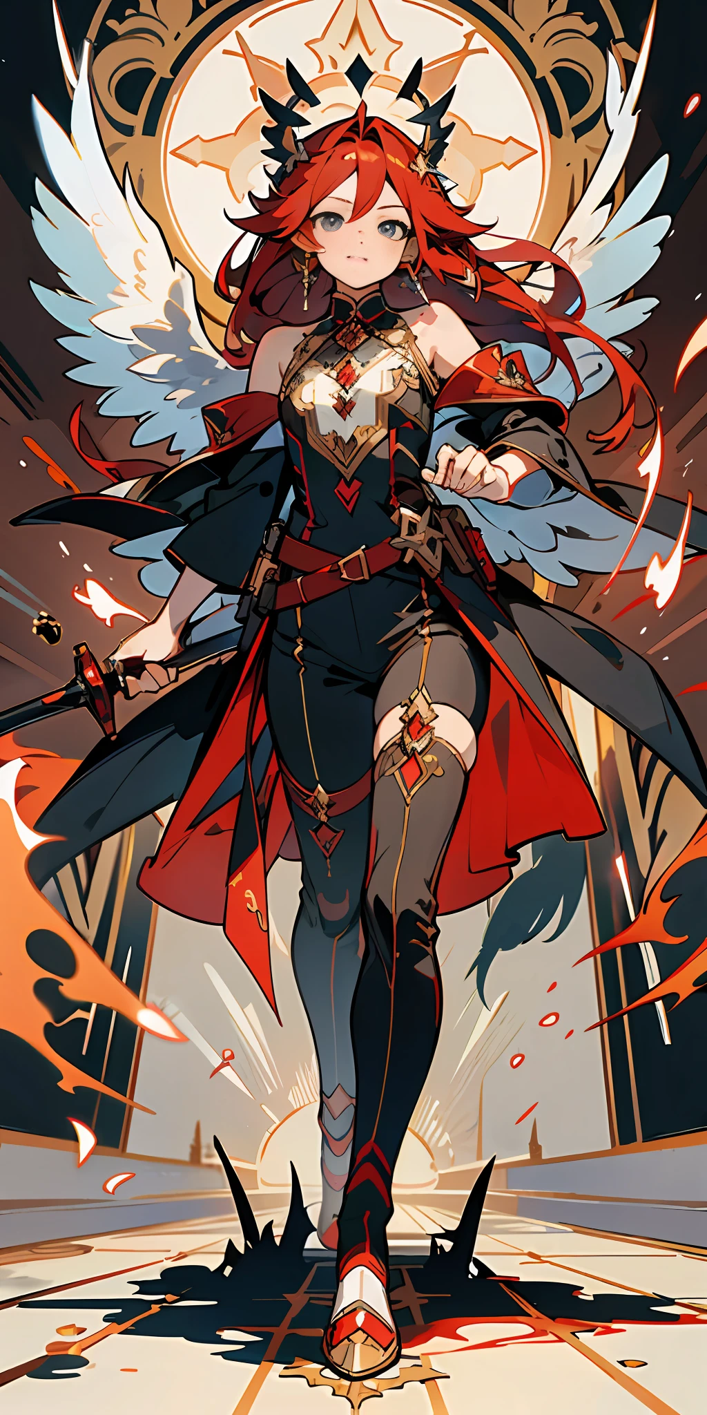 Elf, a magical girl, long red hair like flames, small wings, perfect eyes, perfect face, twisted braid on one side of the ear, feather earrings, full body, magician, tactical bag, scroll, bare shoulders, clothes are red and black, magic weapons, fantasy creatures, dynamic poses, unique character design, exquisite costumes, medicine bottles, cards, standing paintings, floor covers, HD, masterpieces, super details, (best quality, high resolution), super high pixels, ultra definition, 32K, cgstation pop ---- niji 5