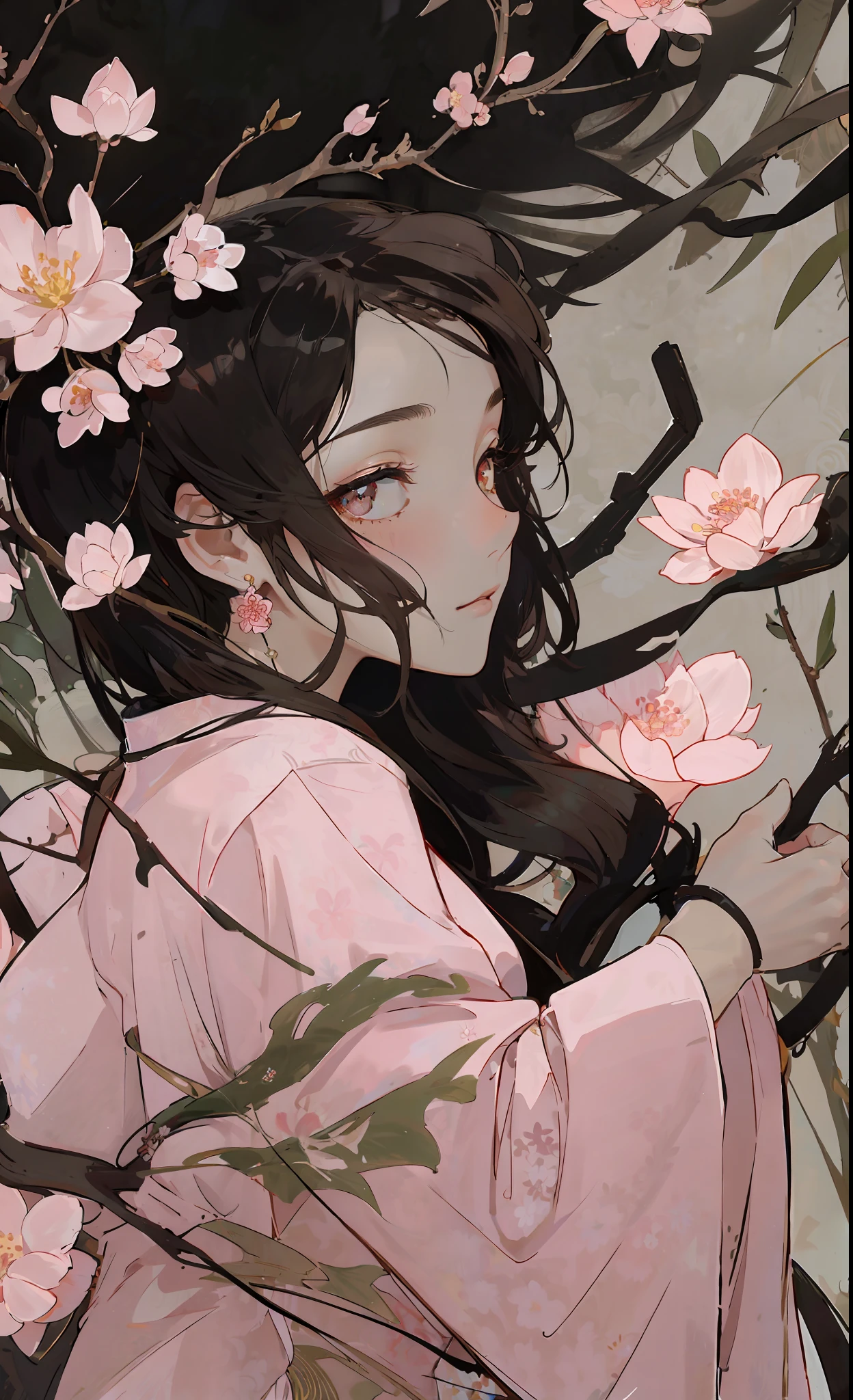((Masterpiece)),((Best Quality)),8K, High Detailed, Ultra-Detailed, a beautiful scenery with peach blossoms in full bloom, and in the center of it stands a stunning ((Hanfu)) clad girl. Her dress is a light pink color with delicate floral patterns, and her hair is styled in an intricate updo with strands of hair falling down in soft curls. Her face is serene and gentle, and her eyes gaze off into the distance as she holds a small bouquet of peach blossoms in her hand. The attention to detail is remarkable, with each individual petal of the blossoms and every fold of her dress expertly crafted, resulting in a breathtaking work of art that captures the beauty and grace of traditional Chinese culture.