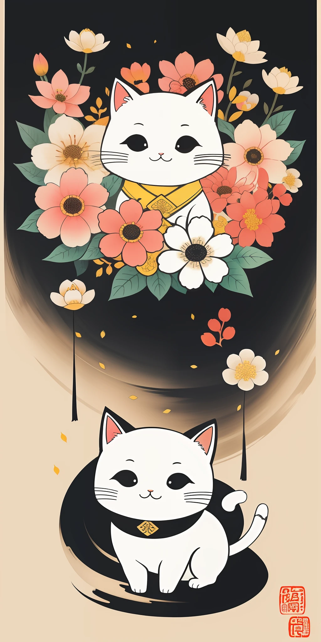 (masterpiece, best quality: 1.2), shukizuma, negative space, shuimobysim, ink painting, traditional Chinese colorful colors, cute little cat playing flowers, peaceful, (smile), looking at the viewer,