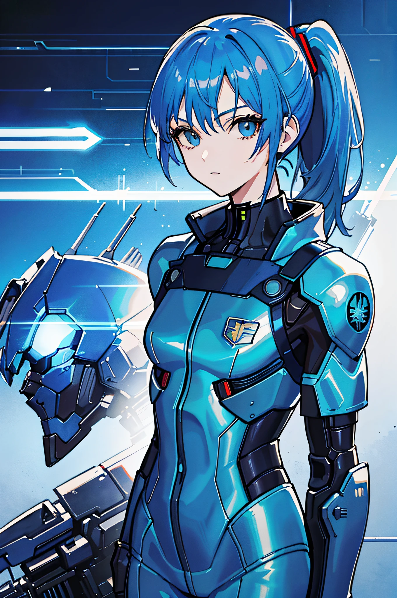 Blue Hair, Masterpiece, Best Quality, 1 Girl, Middle, (((Album Cover)), Light on Face, Slim Body, Blue Costume, Exoskeleton, Metal Gear, Cyberpunk Style, Ponytail, Gundam