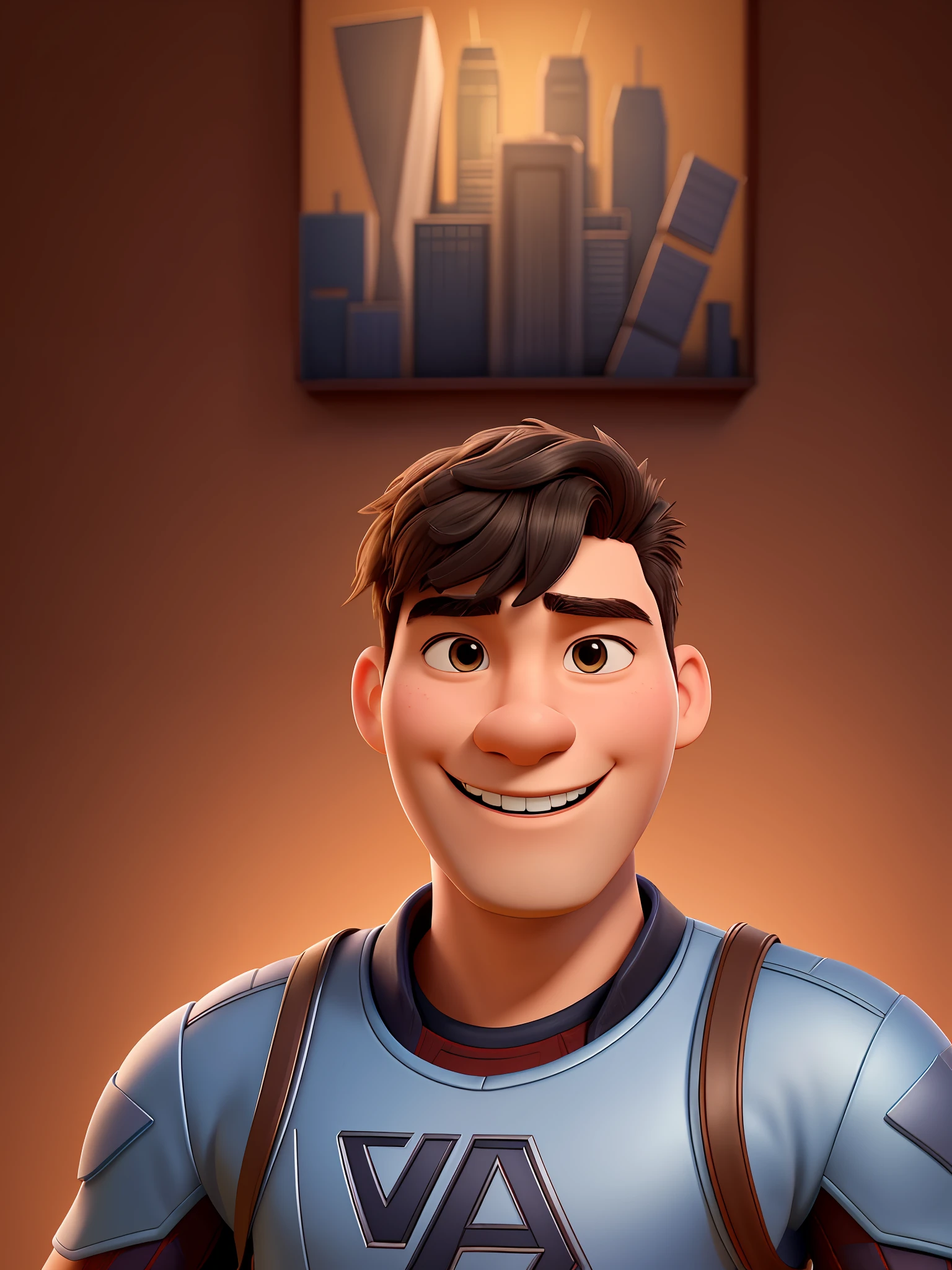 High detail face, Pixar style, cartoon characters, cute 3d rendering, waist length portrait of a 20 year old young Chinese man in Marvel Avengers clothes, smile, Avengers base, natural skin texture, 4k texture, HDR, intricate, very detailed, sharp focus, cinematic look, super detailed, -iw 1.5