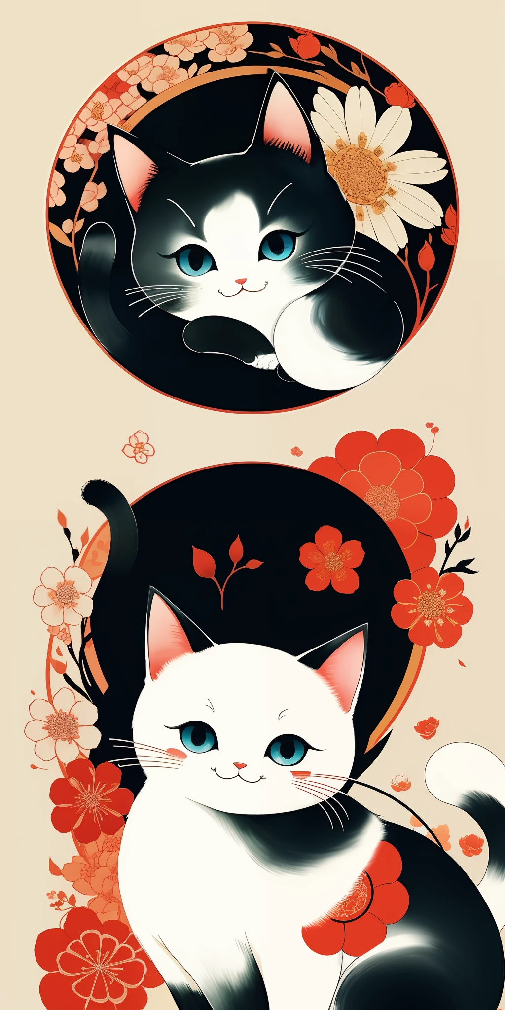 (masterpiece, best quality: 1.2), shukizuma, negative space, shuimobysim, ink painting, traditional Chinese colorful colors, cute little cat playing flowers, peaceful, (smile), looking at the viewer,