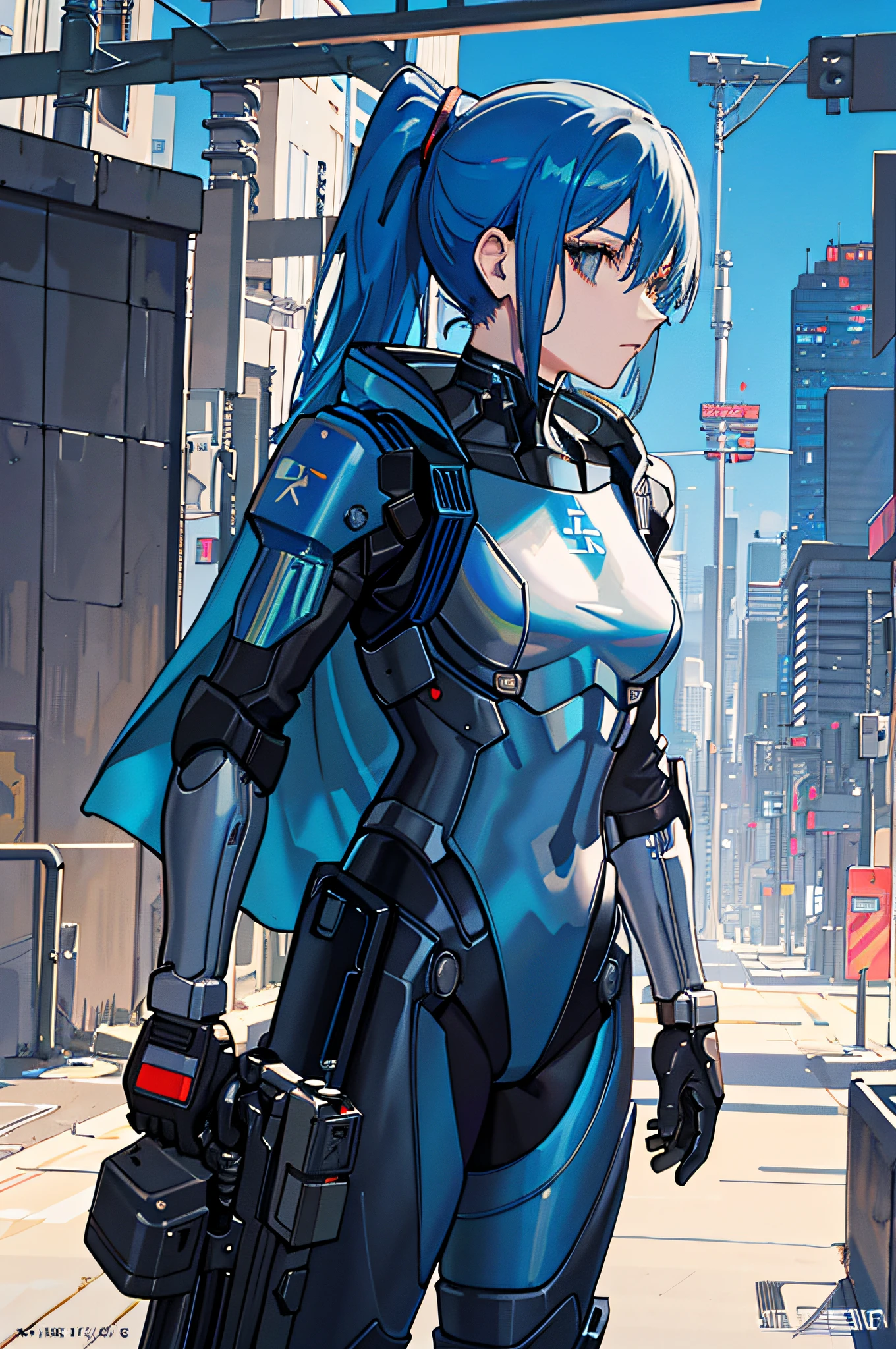 Blue Hair, Masterpiece, Best Quality, 1 Girl, Middle, (((Album Cover)), Light on Face, Slim Body, Blue Costume, Exoskeleton, Metal Gear, Cyberpunk Style, Ponytail, Gundam