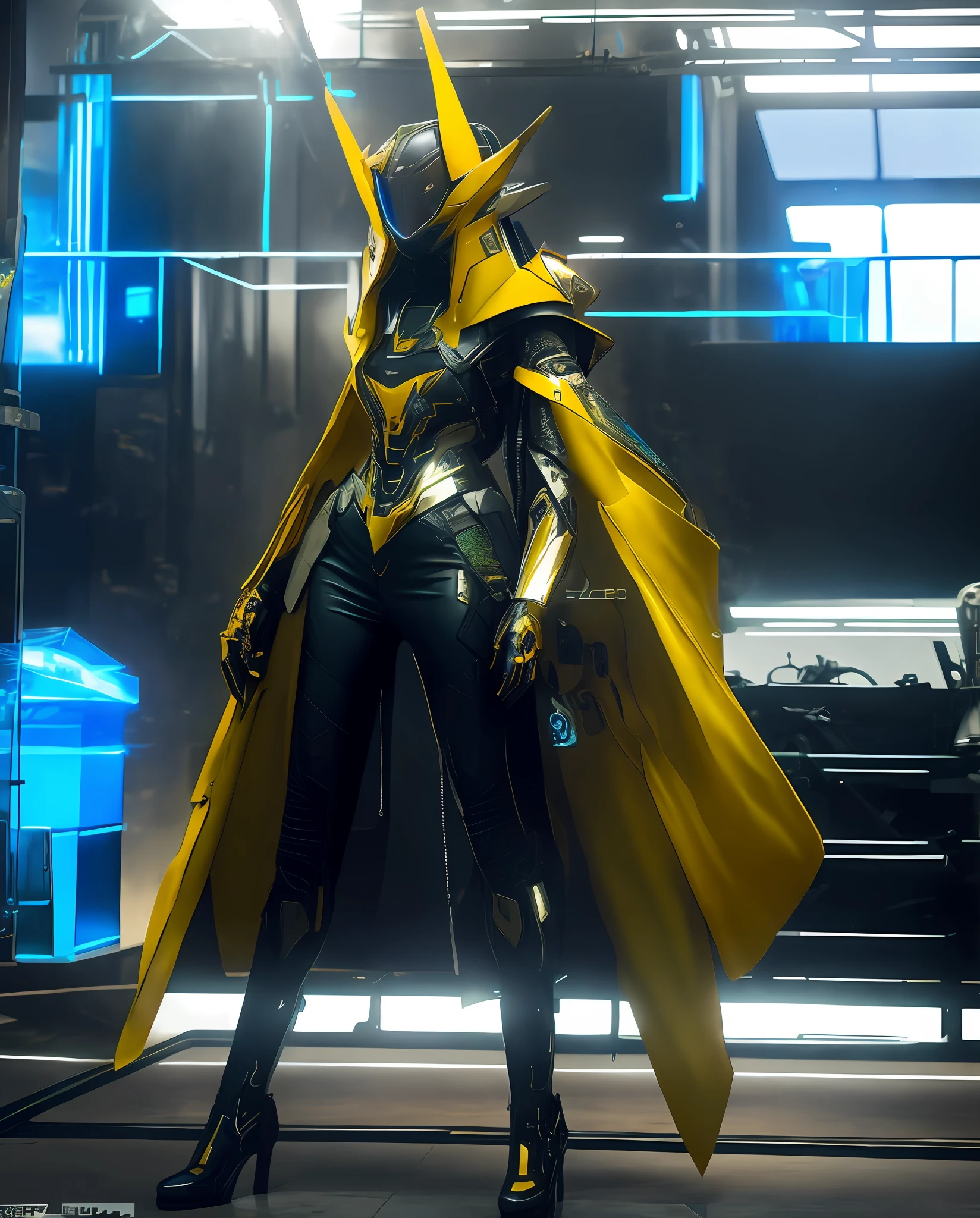 futuristic clothing and helmet, clothed in cyber armour, cyberpunk outfit, warframe armor, cyber suit, of a beautiful female warframe, cyberpunk suit, cyber universe style, cyberpunk style outfit, cyberpunk outfits, warframe armor!!, cybersuits, futuristic attire, girl in mecha cyber armor, Volumetric light, natural colors, chrome armor, yellow cloak, leather suit, cinematic, cyberpunk, soft background, clean detailed, soft, bright, natural, biopunk