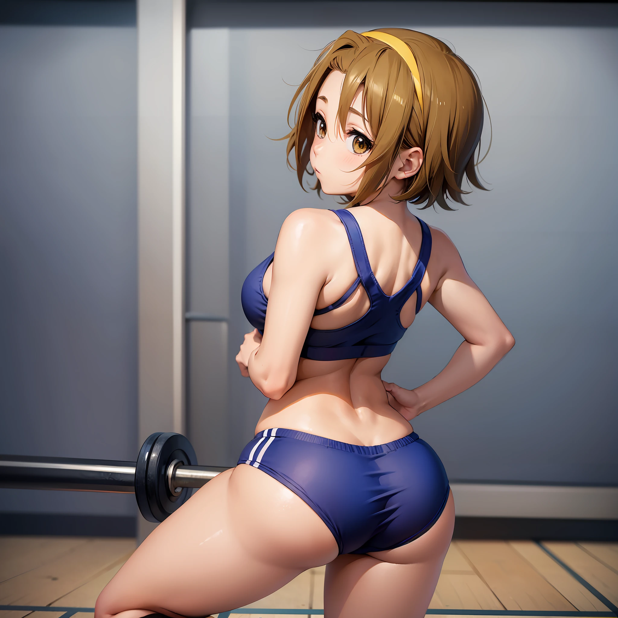 1girl, best quality, Ritsu Tainaka [K-ON!], simple background, minimalist background, simplistic background, minimalistic background, gym outfit, buruma, blue buruma, short hair, hairband, yellow hairband, Parted bangs, from behind, wide hips, butt, large butt, large ass, suggestive