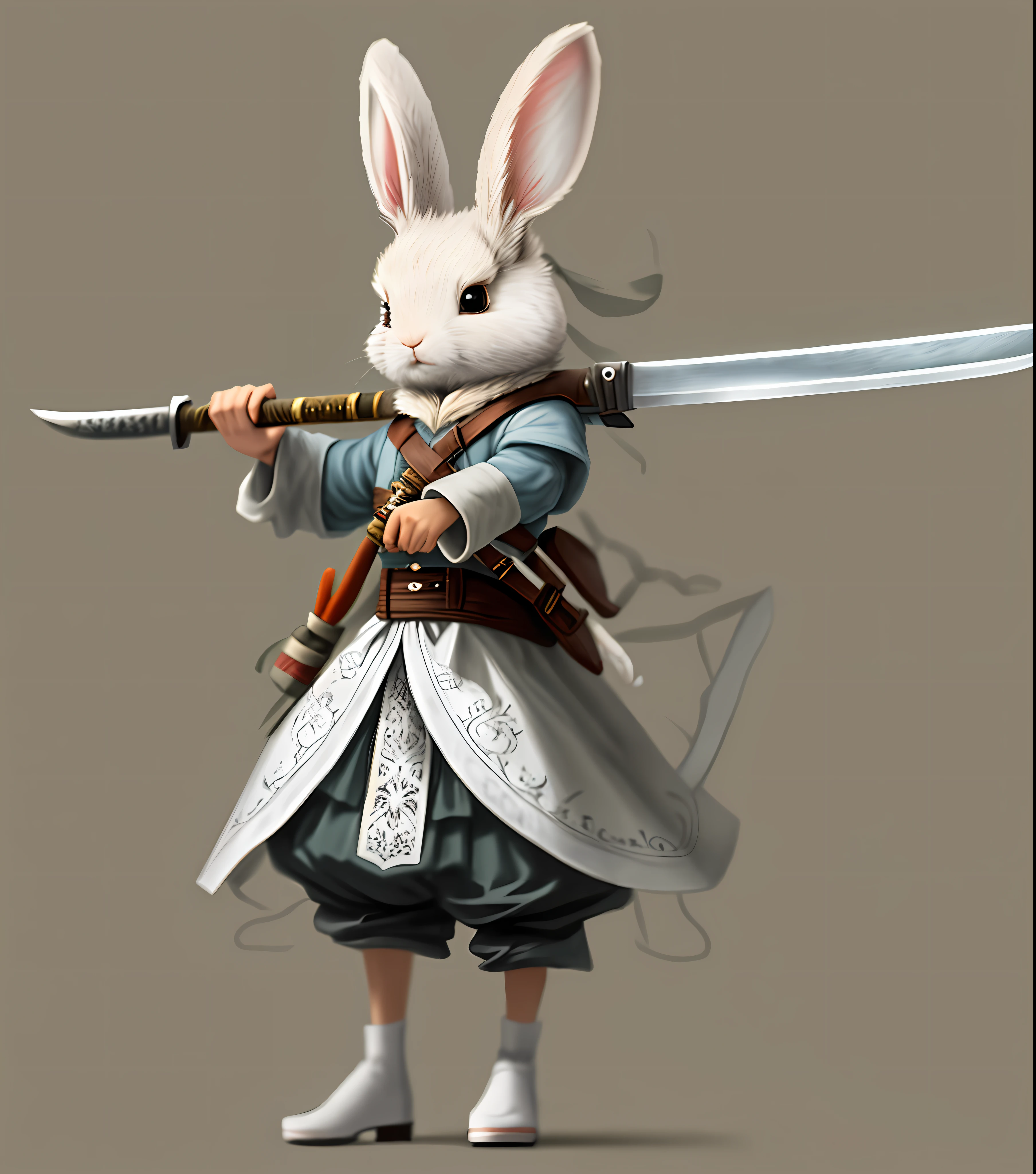 A skinny rabbit carrying a big long knife.