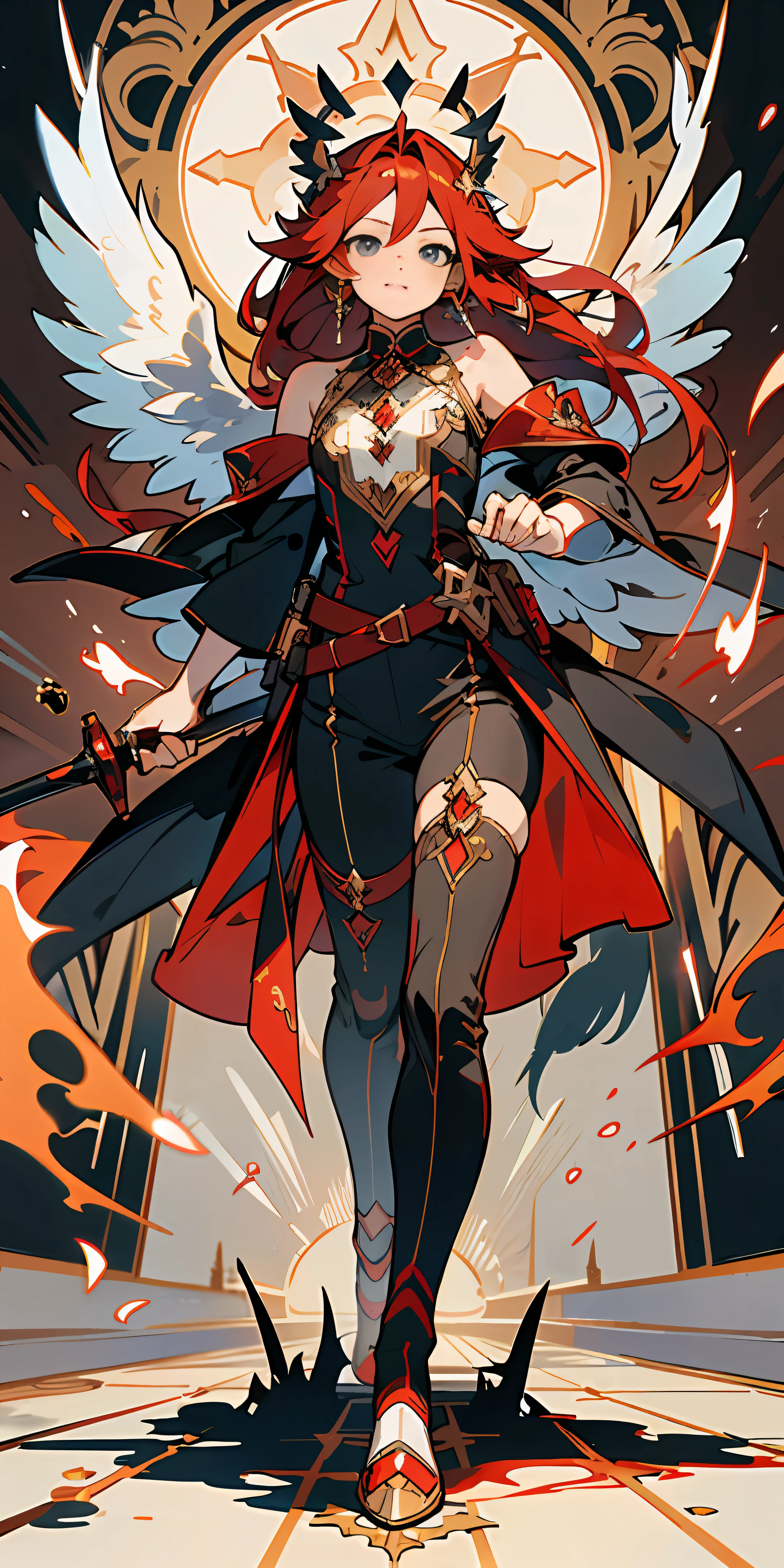 Elf, a magical girl, long red hair like flames, small wings, perfect eyes, perfect face, twisted braid on one side of the ear, feather earrings, full body, magician, tactical bag, scroll, bare shoulders, clothes are red and black, magic weapons, fantasy creatures, dynamic poses, unique character design, exquisite costumes, medicine bottles, cards, standing paintings, floor covers, HD, masterpieces, super details, (best quality, high resolution), super high pixels, ultra definition, 32K, cgstation pop ---- niji 5