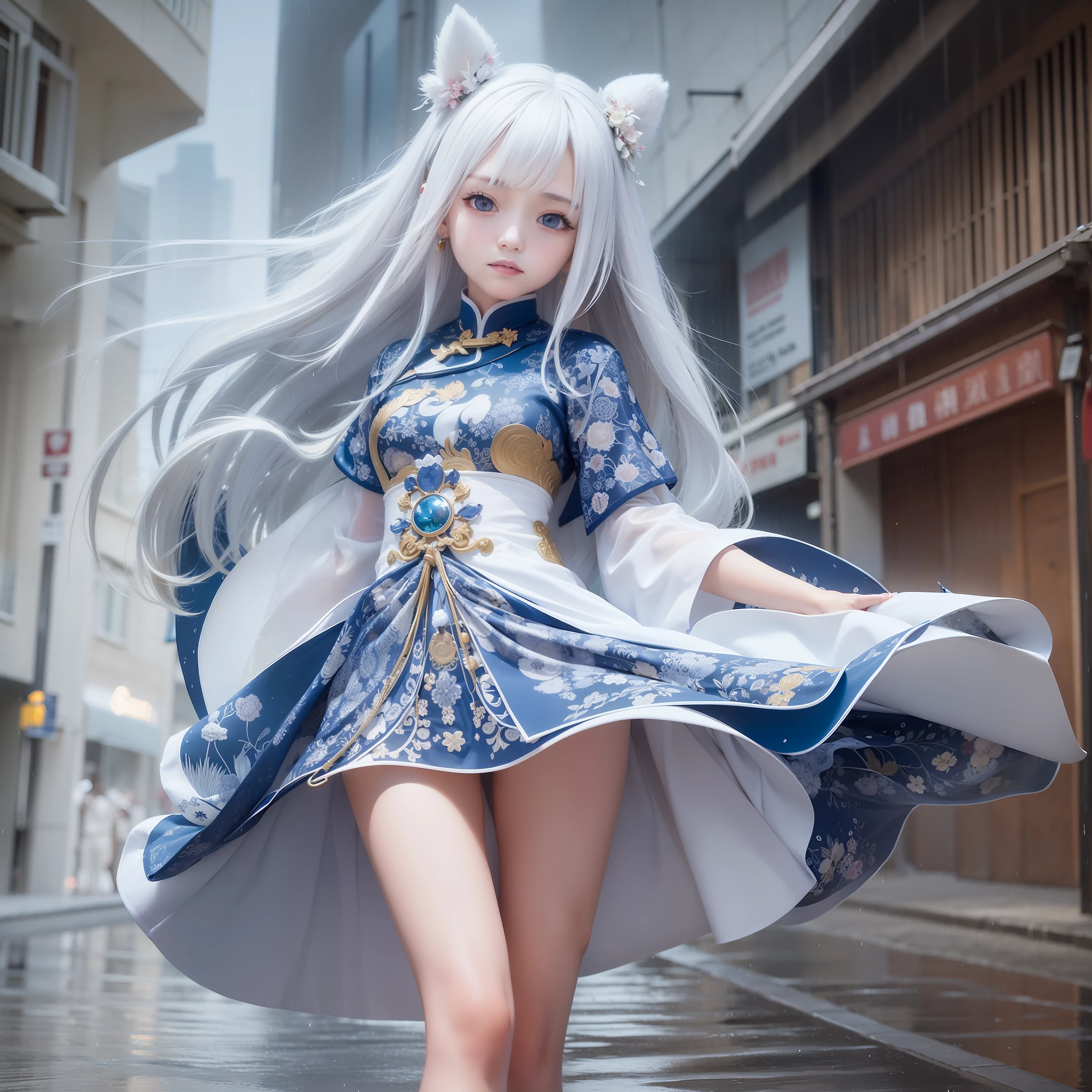 A stunning girl with long, white legs runs through the streets of a city in Greenland. The blue sky above her is dotted with clouds, and the air is thick with the scent of rain. As she moves, her ancient Chinese dress, soaked from the wet weather, clings to her body, revealing her graceful form. Despite the rain, she moves with purpose and determination, her eyes fixed on the horizon