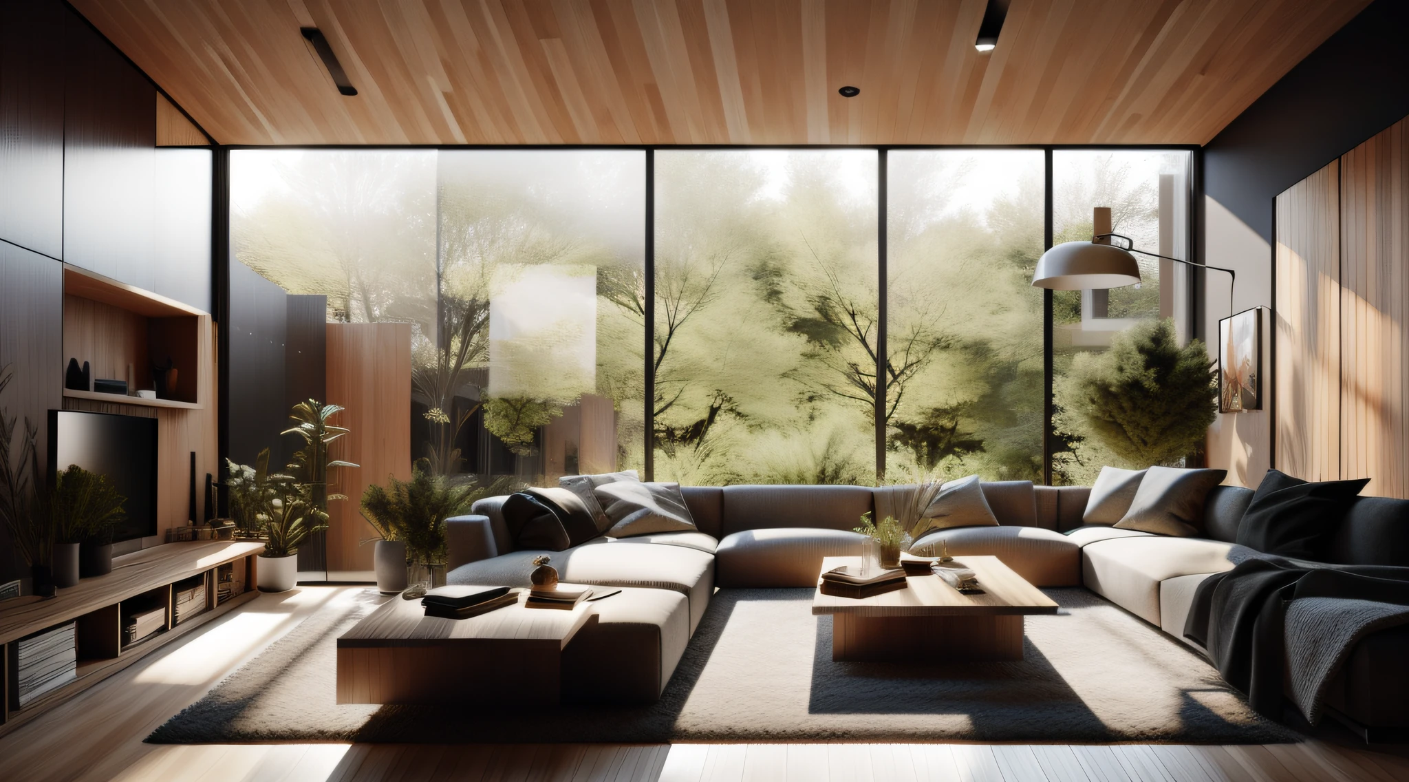 Interior design,insanely detailed wide angle architecture photography, cozy contemporary living room,(bright warm sunlight 1:0.1), award-winning contemporary interior design, scenery, table, chair, indoors, wooden floor, window, restaurant, east asian architecture, sliding doors, lamp, architecture, forest, nature, cup, plant,INTERIOR DESIGN,intersting lights and shadows, Depth of Field,low light, ,