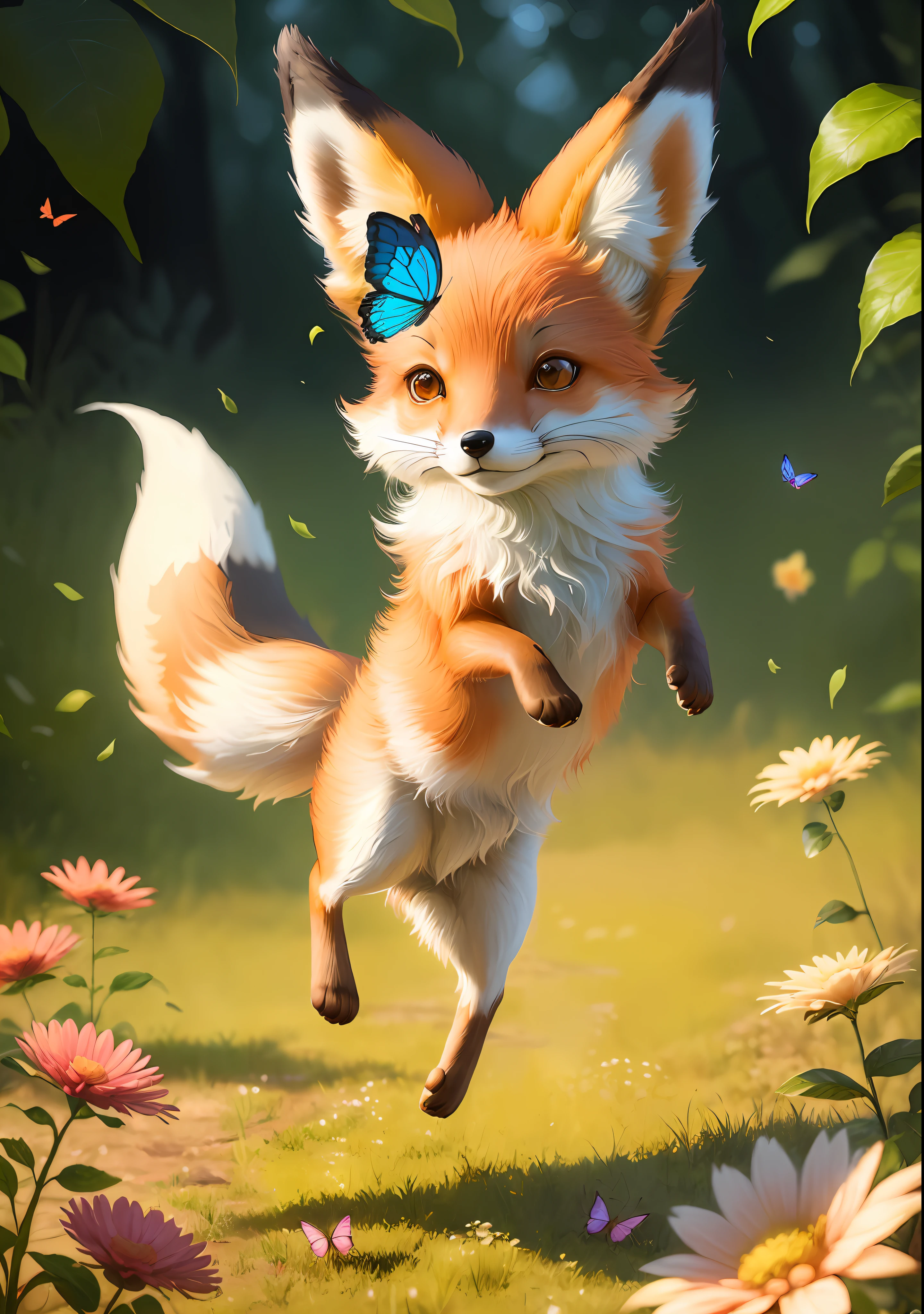 There is a fox jumping in the air, trying to catch a butterfly above the head, cute number painting, cute detailed digital art, cute fox, whimsical fox, cute digital art, ethereal fox, anthropomorphic fox, cute 3D rendering, fantasy fox love, children's art in Artstation, fox's tonics, anthropomorphic fox, beautiful digital artwork