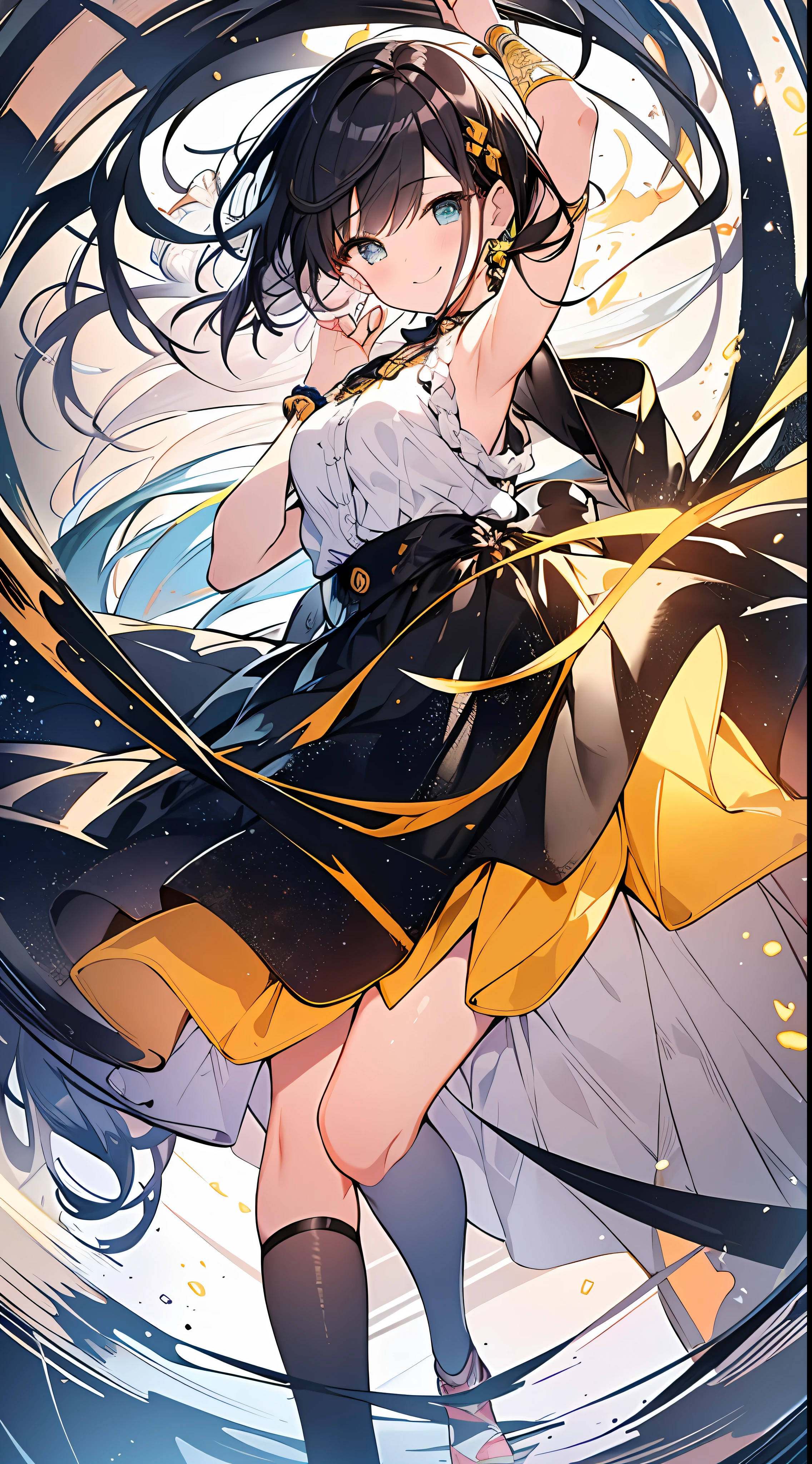 Top Quality, Masterpiece, High Resolution, 8k, Pastel Color, Luminous Yellow Dress and Skirt Anime Style Girl, One Girl, Detailed Line Art, Bright White and Bright Amber Style, Digital Enhancement, Anime Core, Flowing Fabric, Close Up, Shoulder Length and Short Braid, Beautiful Black Hair, Smiling, Angle Looking Up from Your Feet