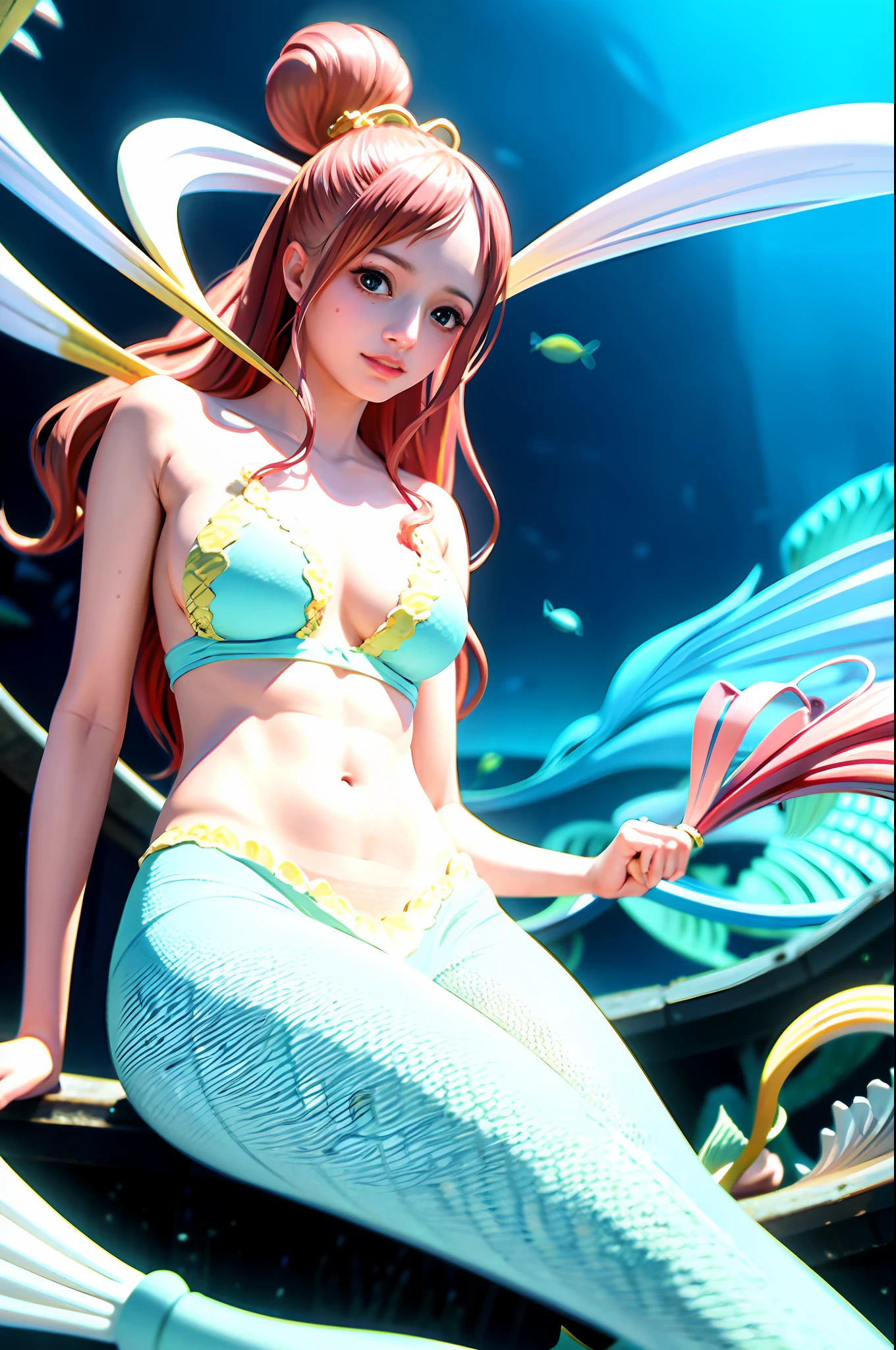 Shirahoshi, mermaid, scales of fish, (underwater:1.2),detailed face,, (masterpiece:1.2), highres, best quality, 8k,