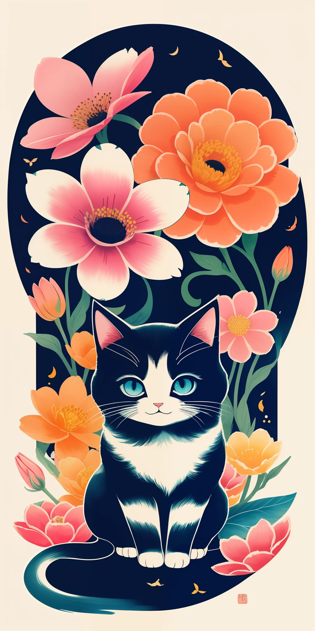 (Masterpiece, best quality: 1.2), shukizuma, negative space, shuimobysim, ink painting, colorful colors, traditional Chinese, cute little cat playing flowers, peaceful, (smile), looking at the scenes, color saturation, bright colors