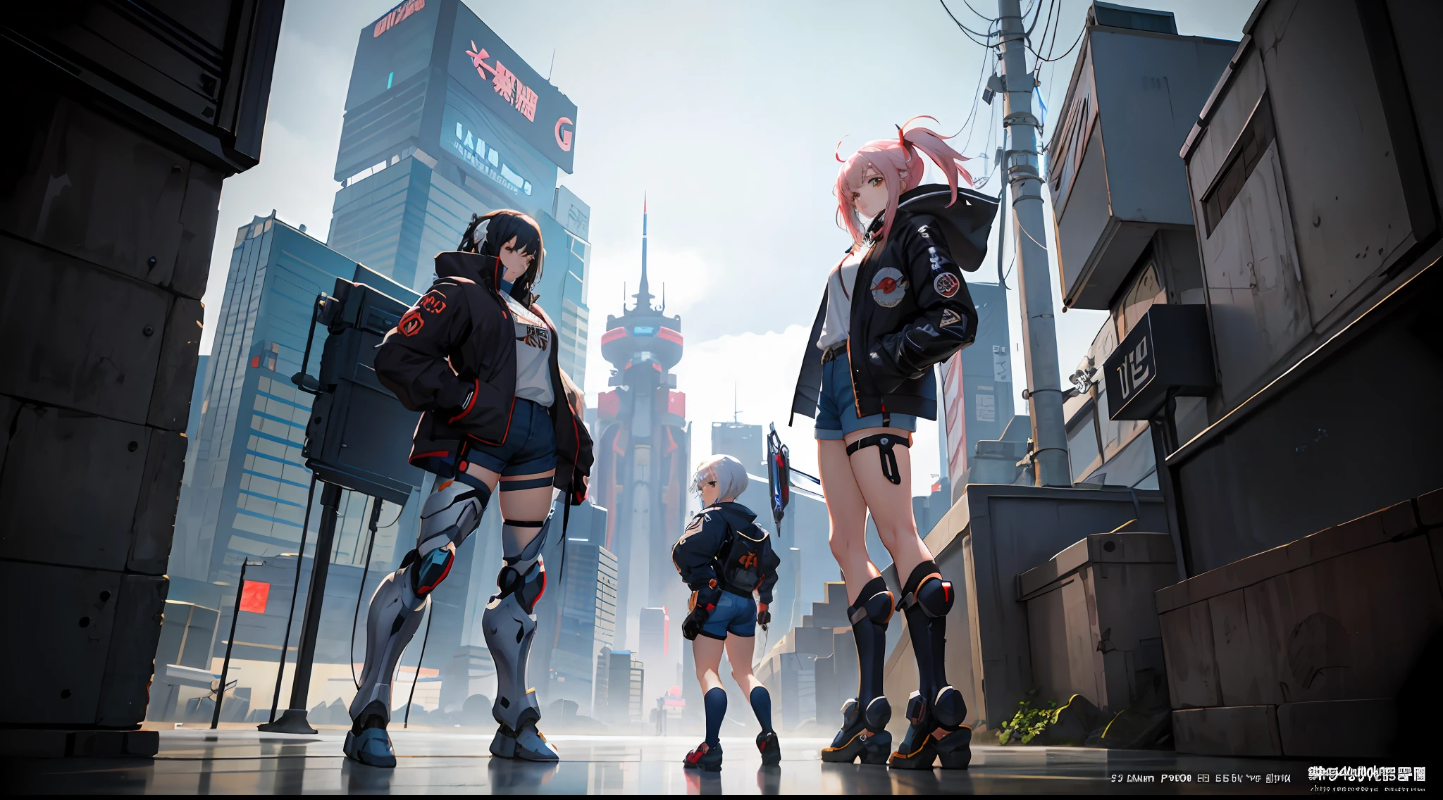 anime girl in short shorts and jacket standing next to giant robot, artwork in the style of guweiz, cyberpunk anime girl mech, trending on cgstation, guweiz, by Russell Dongjun Lu, digital cyberpunk anime art, ross tran 8 k, guweiz on artstation pixiv, girl in mecha cyber armor