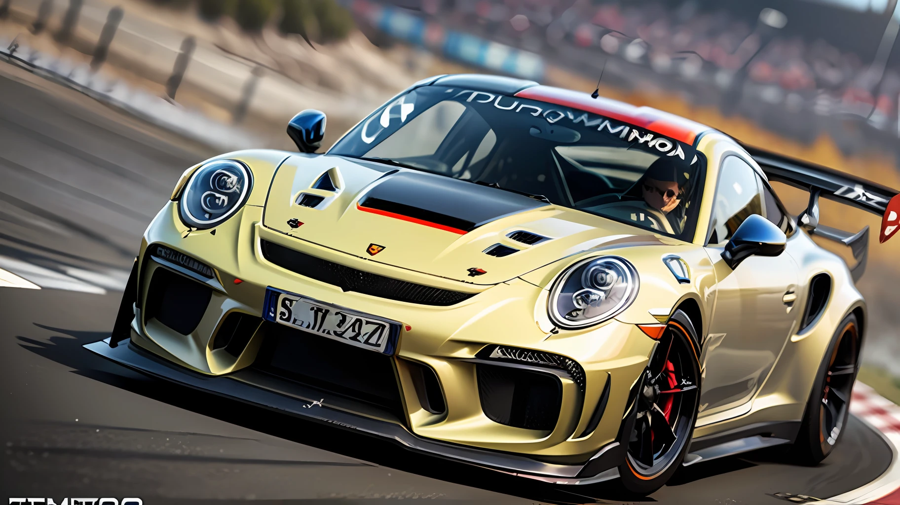 A Gran Turismo Porsche 911 GT3 model car, at high speed on a race track in the mountains. Realistic scene, ultra detailed, sense of movement and depth of field. Eye level --auto --s2