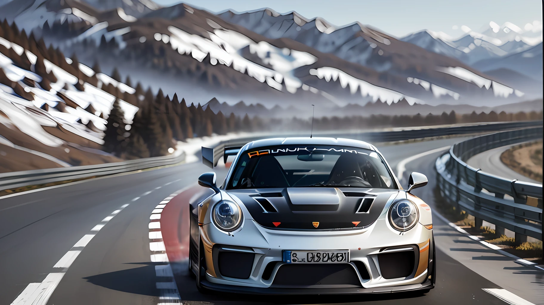 A Gran Turismo Porsche 911 GT3 model car, at high speed on a race track in the mountains. Realistic scene, ultra detailed, sense of movement and depth of field. Eye level --auto --s2