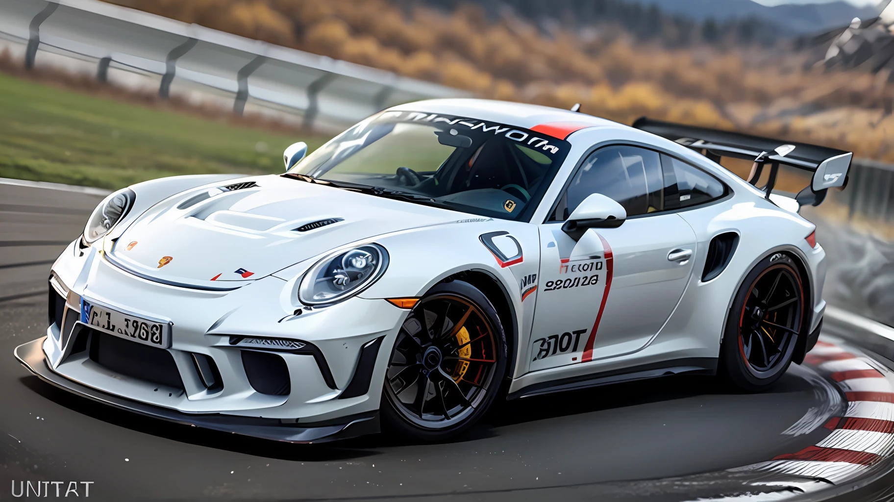 A Gran Turismo Porsche 911 GT3 model car, at high speed on a race track in the mountains. Realistic scene, ultra detailed, sense of movement and depth of field. Eye level --auto --s2