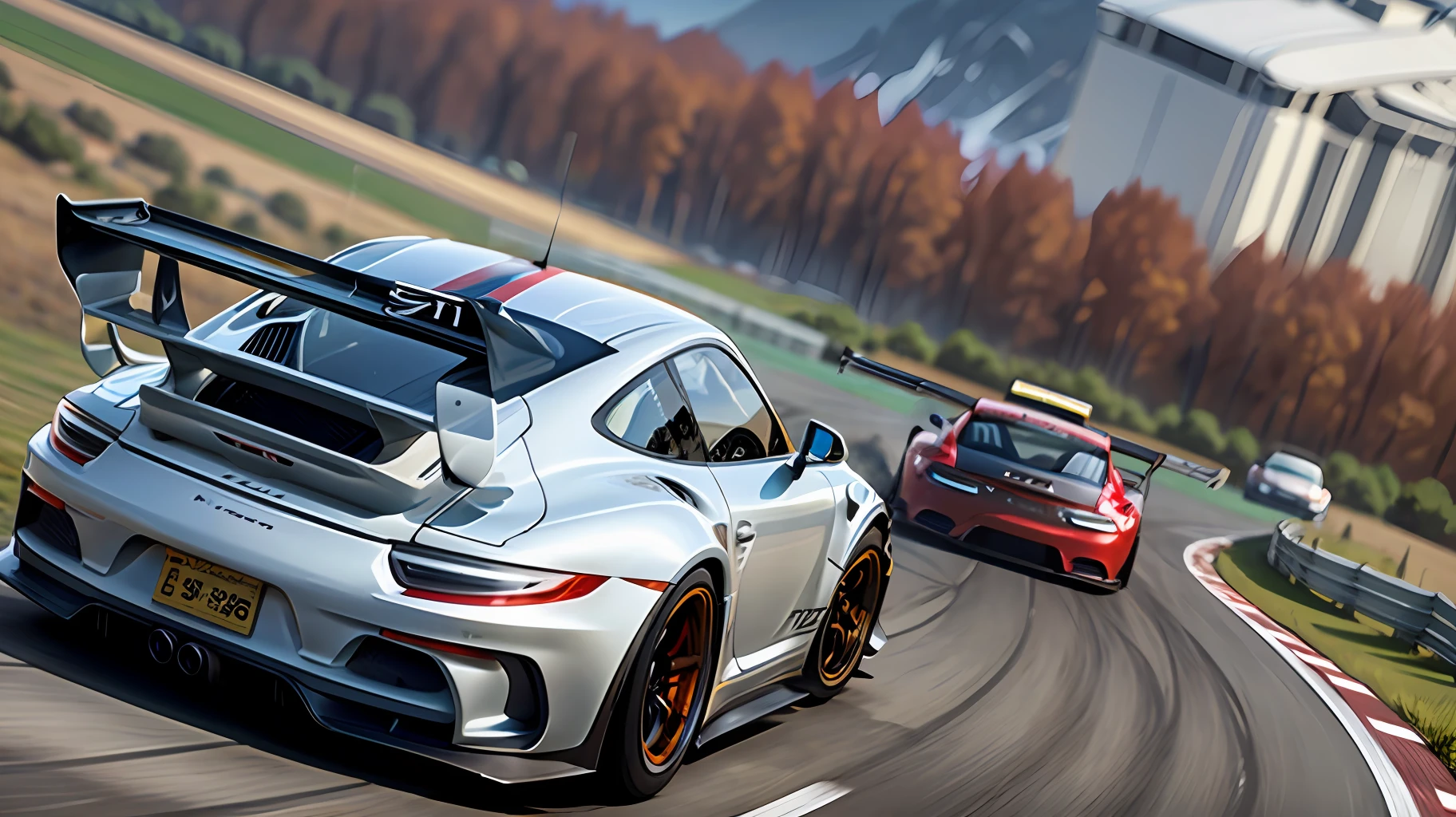 A Gran Turismo Porsche 911 GT3 model car, at high speed on a race track in the mountains. Realistic scene, ultra detailed, sense of movement and depth of field. Eye level --auto --s2