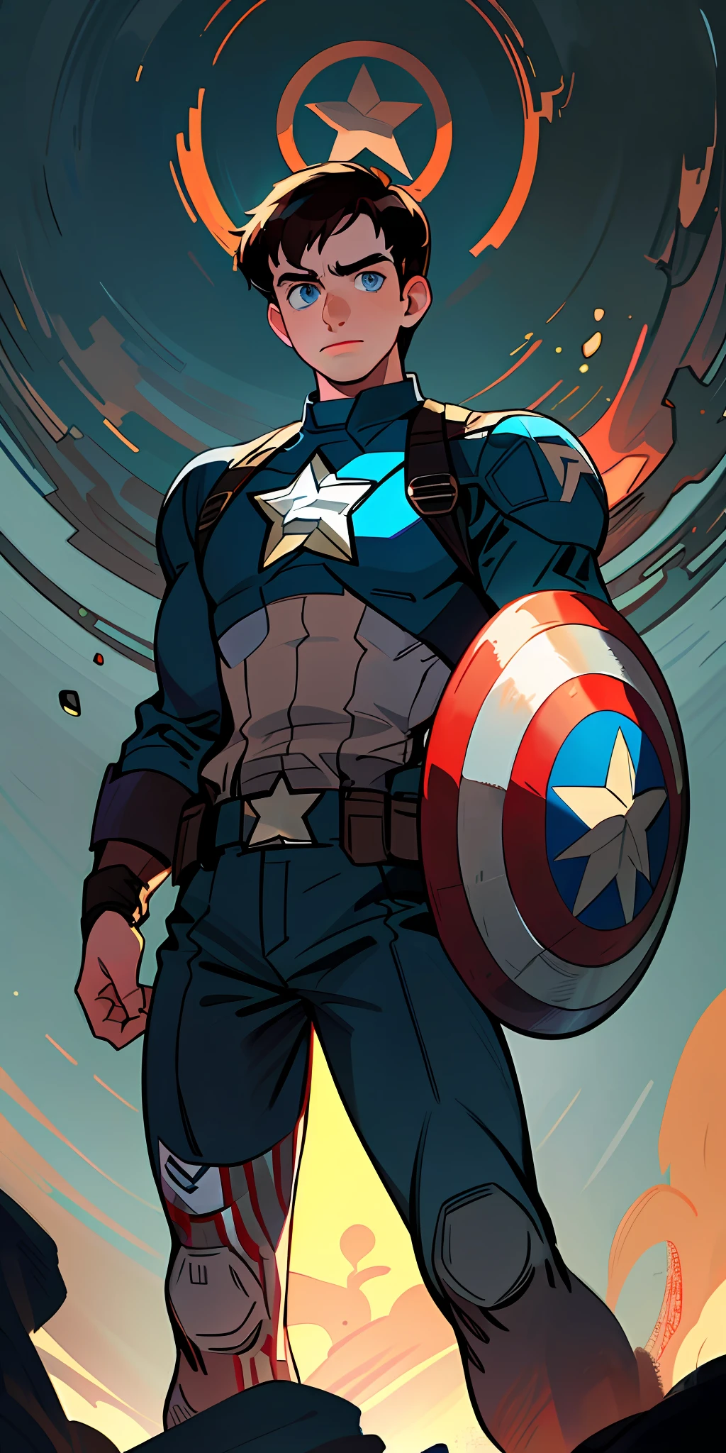 ((masterpiece quality)), best quality, incredibly detailed illustration of Chris Evans as Captain America, dark brown hair, intense blue eyes, uniform, heroic pose, vibrant colors, dramatic lighting, capturing the essence of hero.
