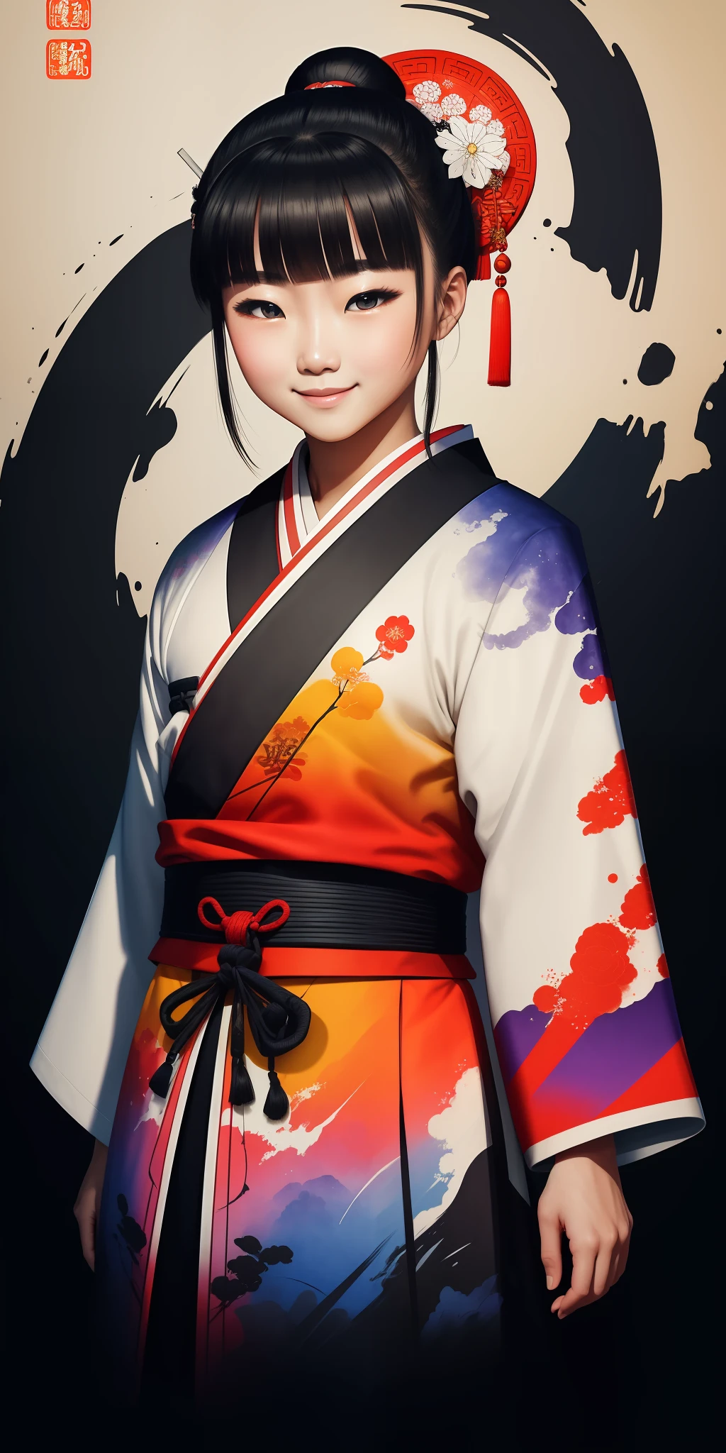 (masterpiece, best quality: 1.2), shukizuma, negative space, , shuimobysim, ink painting, colorful colors, traditional Chinese, samurai, traditional clothing, broad, peaceful, (smile), looking at the viewer, color saturation, bright colors, neon