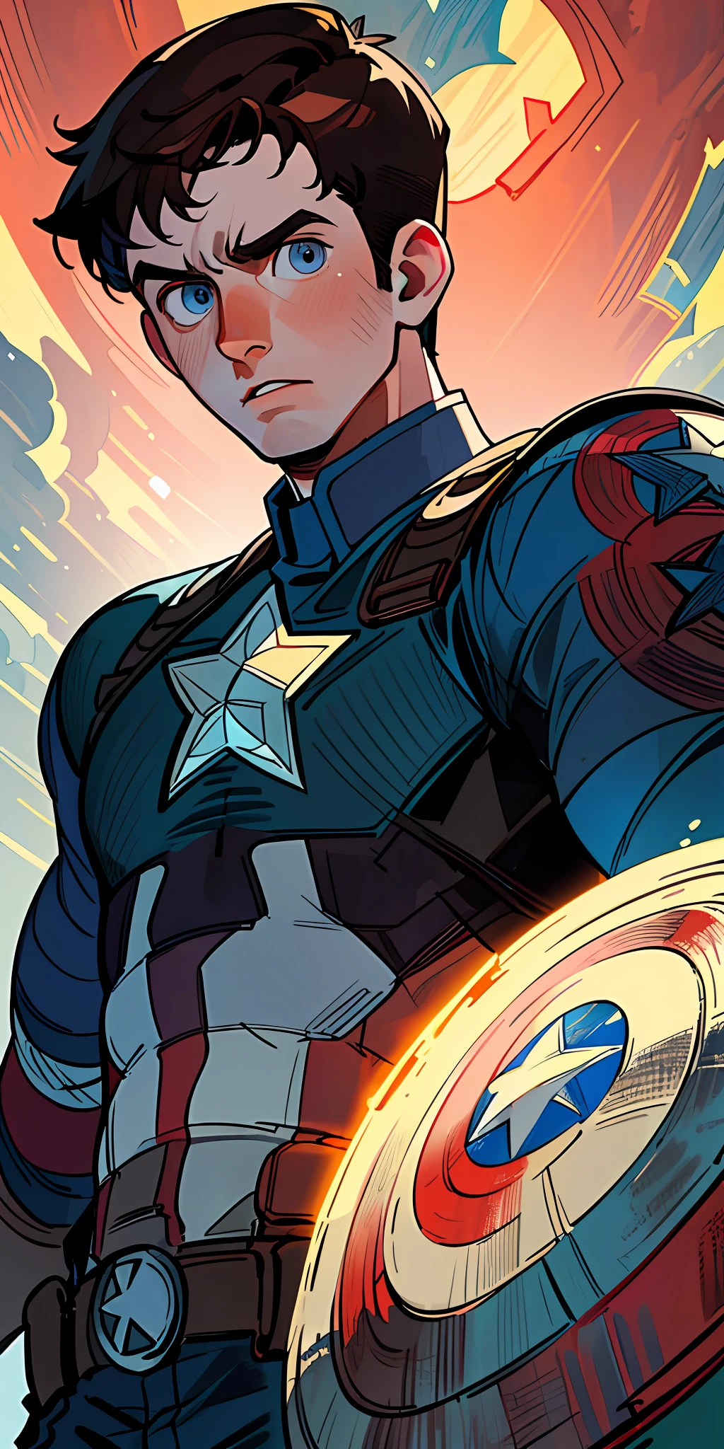 ((masterpiece quality)), best quality, incredibly detailed illustration of Chris Evans as Captain America, dark brown hair, intense blue eyes, uniform, heroic pose, vibrant colors, dramatic lighting, capturing the essence of hero.