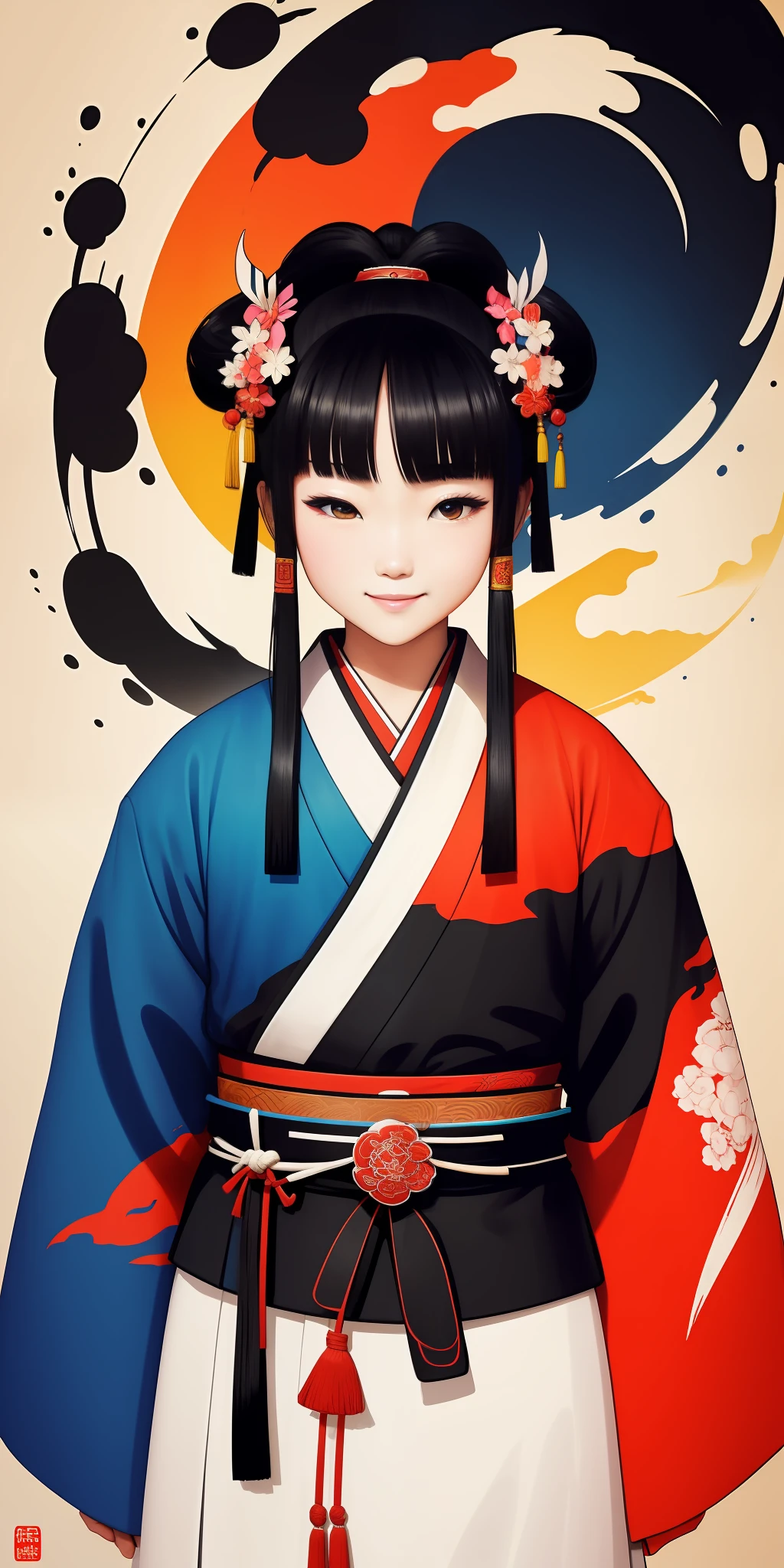 (masterpiece, best quality: 1.2), shukizuma, negative space, , shuimobysim, ink painting, colorful colors, traditional Chinese, samurai, traditional clothing, broad, peaceful, (smile), looking at the viewer, color saturation, bright colors, neon