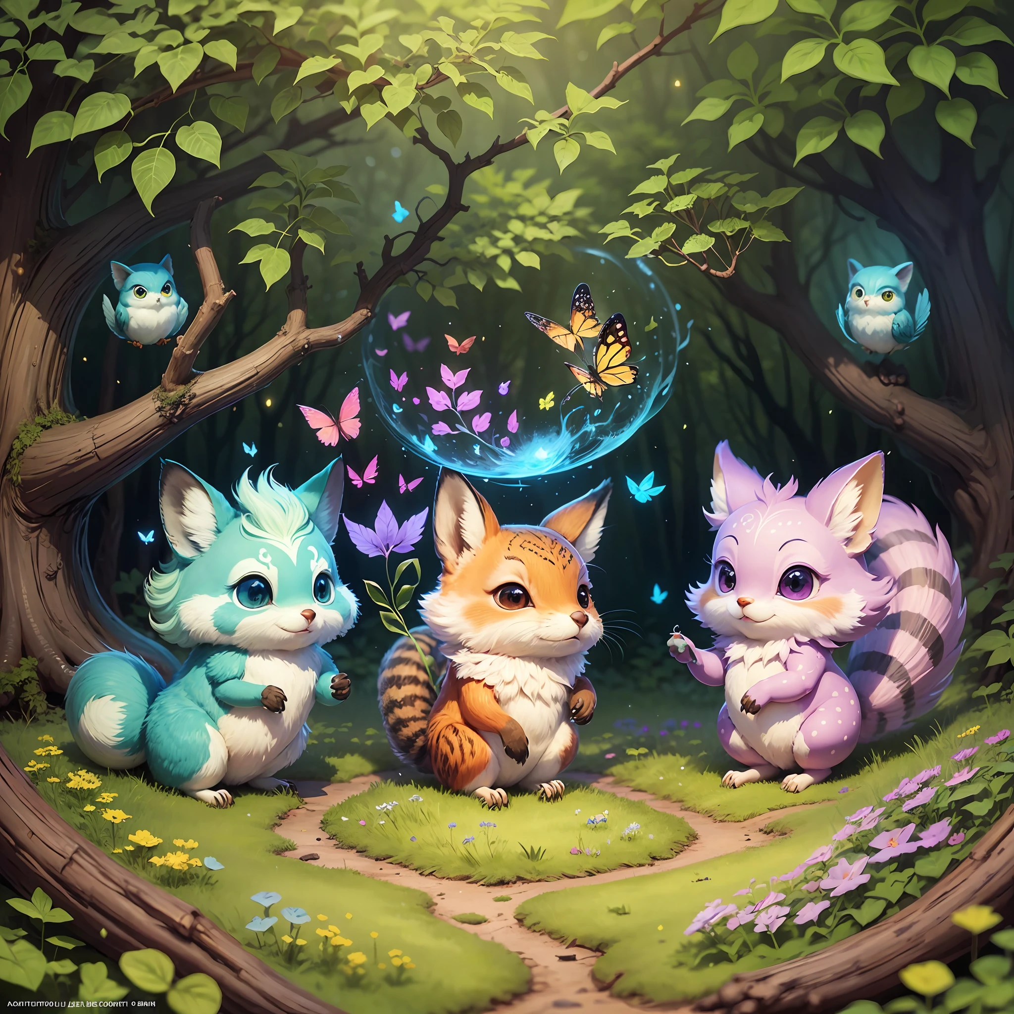 Title: "Whimsical Forest Creatures"
Description: Create a vibrant and whimsical illustration of a magical forest filled with adorable and imaginative creatures. Let your creativity flow as you bring to life a world where enchantment and playfulness reign supreme.
In this fantastical forest, trees have faces that express emotions and personalities. Each tree is unique, with its own distinct features and expressions. You can experiment with different shapes, sizes, and colors to give them character and charm.
Surrounding the , imagine a variety of charming creatures dwelling in the forest. These creatures can be a fusion of different animals or entirely original creations. Let your imagination run wild! Perhaps there's a mischievous fox with butterfly wings, a squirrel with a fluffy tail that's as long as its body, or a wise owl wearing a top hat and reading glasses.
Add vibrant colors to the illustration, using a palette that captures the whimsical nature of the forest. Feel free to incorporate bright greens, purples, pinks, and blues to make the scene come alive. The colors should evoke a sense of magic and joy.
Consider the composition of the illustration. You could have the trees forming a circle, creating a cozy gathering spot for the forest creatures. The creatures can interact with each other, engaging in playful activities like dancing, singing, or sharing secrets. Think about the placement of each element to create a balanced and visually appealing composition.
Lastly, pay attention to the small details that will add depth and richness to the artwork. You can add delicate flowers scattered across the forest floor, mushrooms with polka dots, or tiny fireflies glowing softly in the background. These small touches will enhance the enchanting atmosphere of the scene. --auto --s2