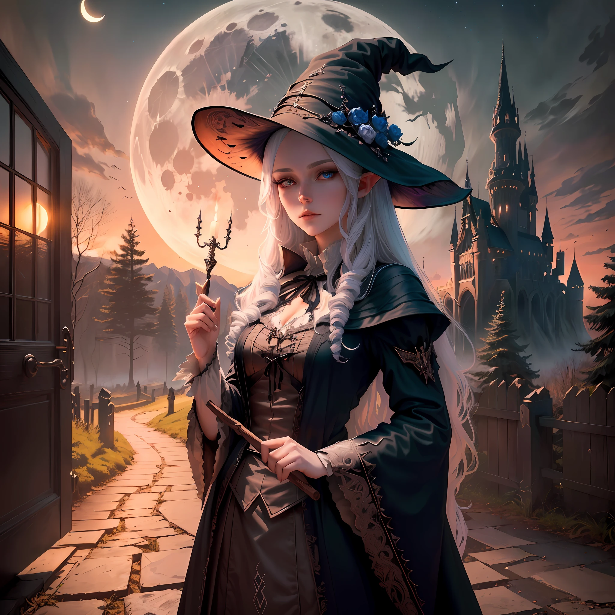 Beautiful fine elf girl, black gothic robe, witch hat, landscape of dead trees, moon, long white hair, blue eyes, lonely expression, detailed high, anime style