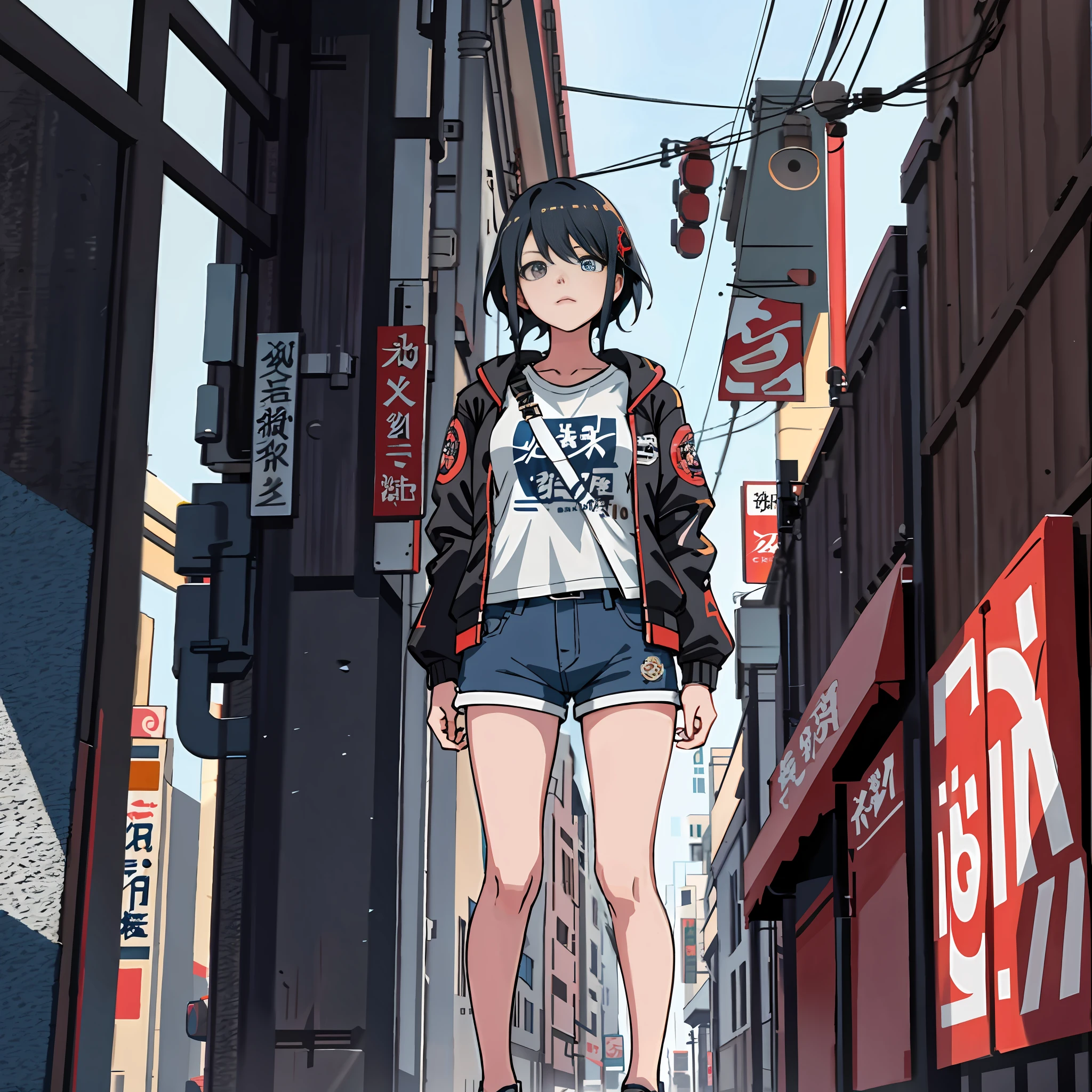 anime girl in short shorts and jacket standing next to giant robot, artwork in the style of guweiz, cyberpunk anime girl mech, trending on cgstation, guweiz, by Russell Dongjun Lu, digital cyberpunk anime art, ross tran 8 k, guweiz on artstation pixiv, girl in mecha cyber armor