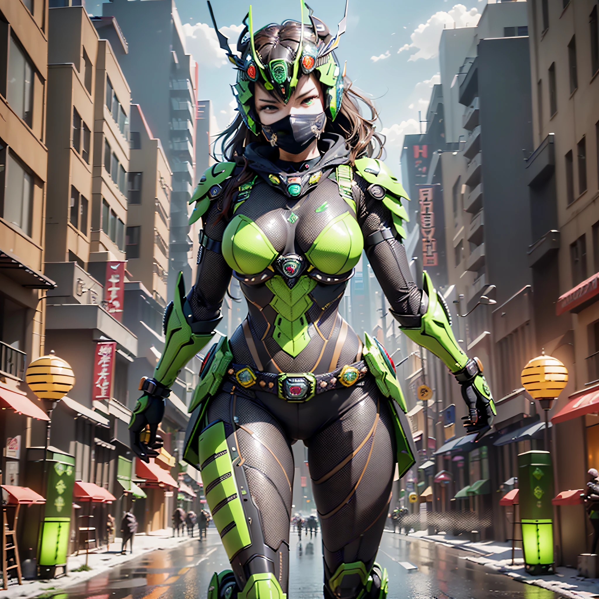 ((highest quality)), ((masterpiece)), (details: 1.4), 3D, 1girl, full-body image, image of a woman in a beautiful green flying locust cyberpunk suit, ((two tactile decorations on the forehead)),((Kamen Rider's belt)), (((Kamen Rider style)), headgear with the image of a flying locust, (((Mechanical full-face mask)), bust armor, red cyborg eyes, HDR, Ray Tracing, NVIDIA RTX, Super Resolution, Unreal 5, Subsurface Scattering, PBR Texturing, Post-Processing, Anisotropic Filtering, Depth of Field, Maximum Clarity and Sharpness, Multilayer Textures, Albedo and Specular Maps, Surface Shading, Accurate simulation of light-material interaction, slender body, perfect proportions, sharp eyeliner, (full body)), sharp focus, ocane rendering, two-tone lighting, wide aperture, low ISO, white balance, rule of thirds, 8K RAW, circuit board AI, 4k, fog, night city background,