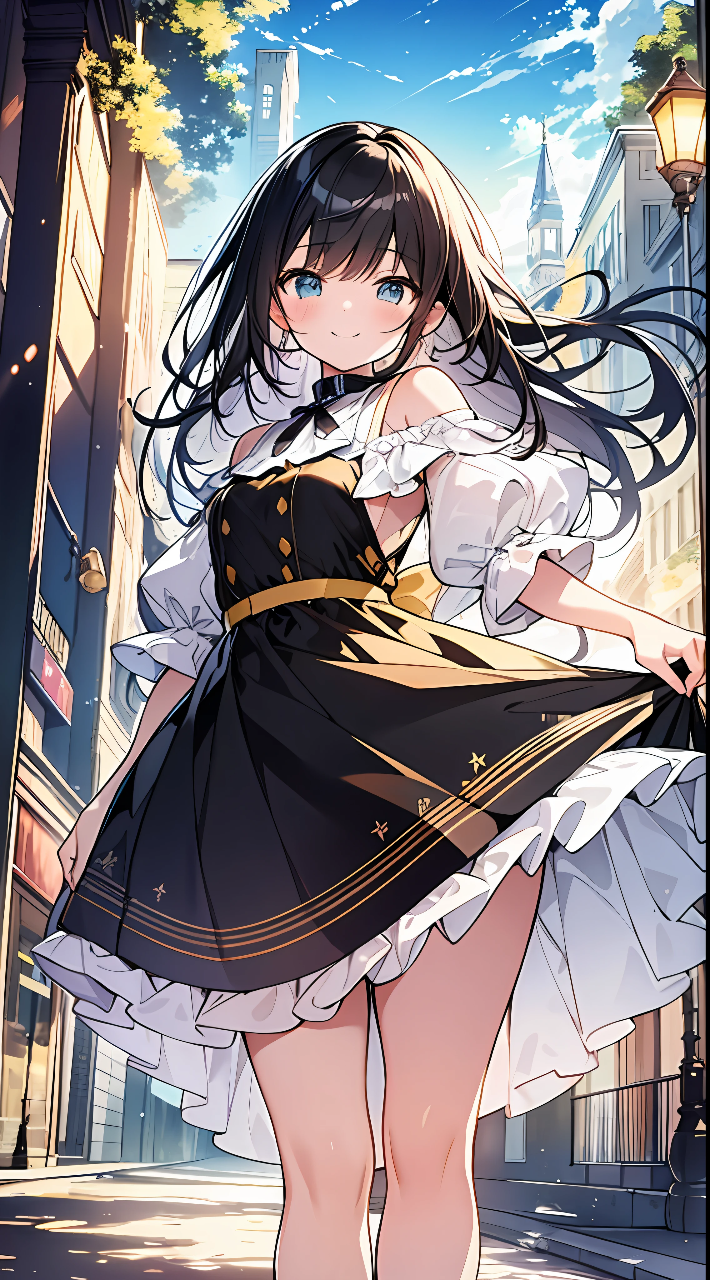 Top Quality, Masterpiece, High Resolution, 8k, Pastel Color, Luminous Yellow Dress and Skirt Anime Style Girl, One Girl, Detailed Line Art, Bright White and Bright Amber Style, Digital Enhancement, Anime Core, Flowing Fabric, Close Up, Shoulder Length and Short Braid, Beautiful Black Hair, Smiling, Angle Looking Up from Your Feet