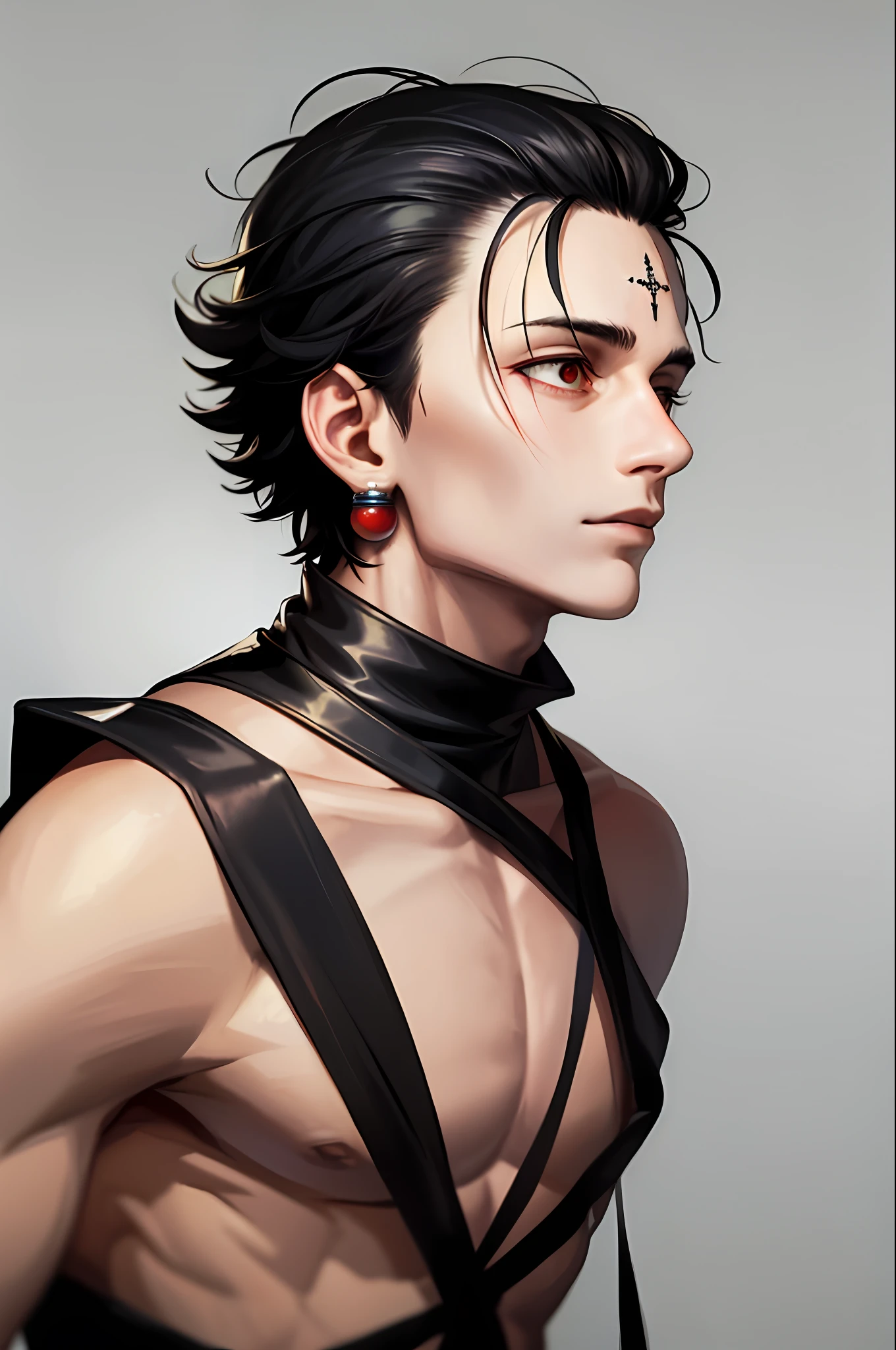 Attention on his head, a young man with short and curly black hair, is adorned with a black cloth. Detail his face, focus on his calm expression and striking red eyes.