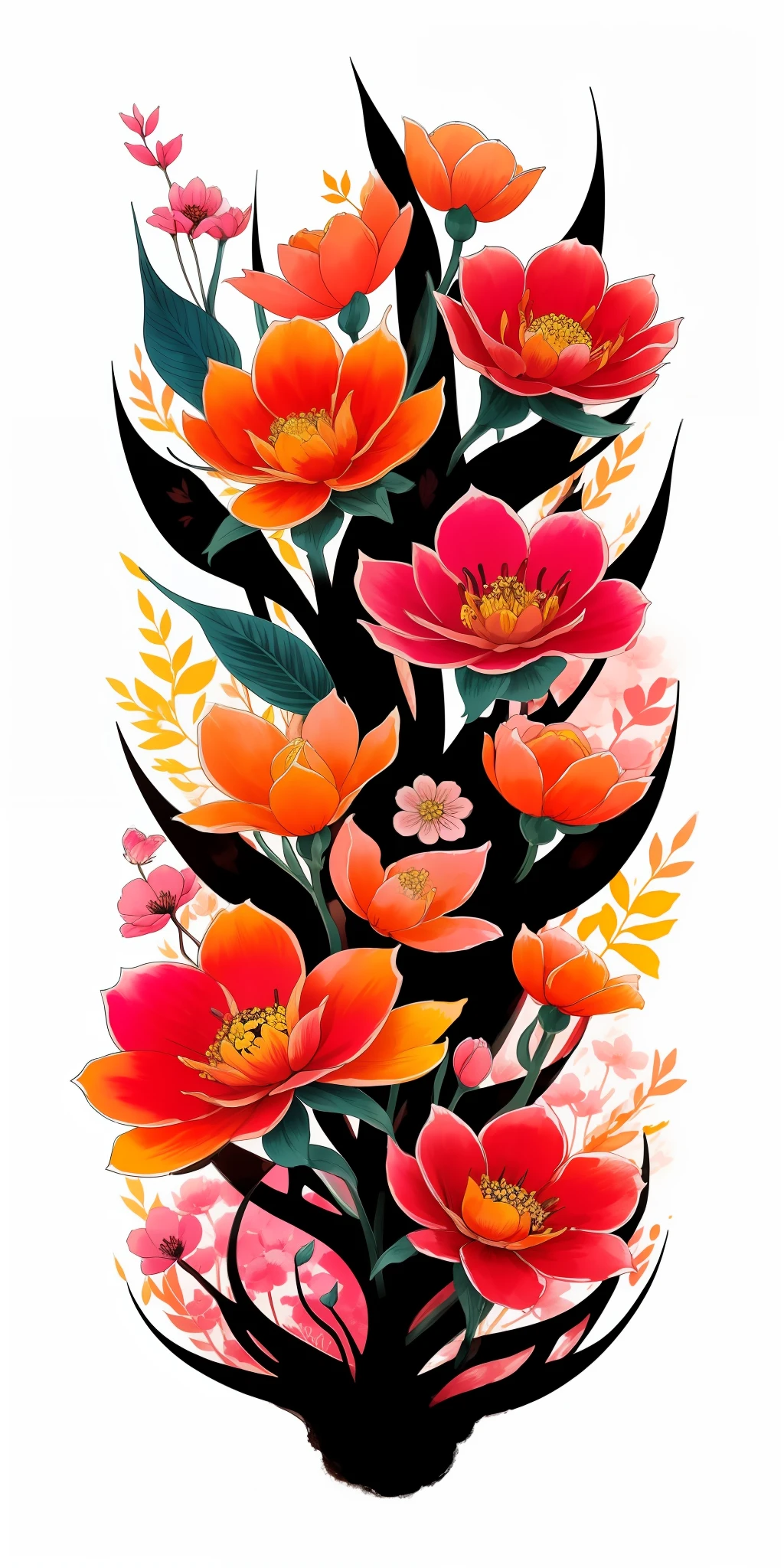 (masterpiece, best quality: 1.2), shukizuma, negative space, shuimobysim, ink painting, colorful colors, traditional Chinese, flowers and leaves, cotyledons, peaceful, (smile), looking at the viewer, color saturation, bright colors, neon