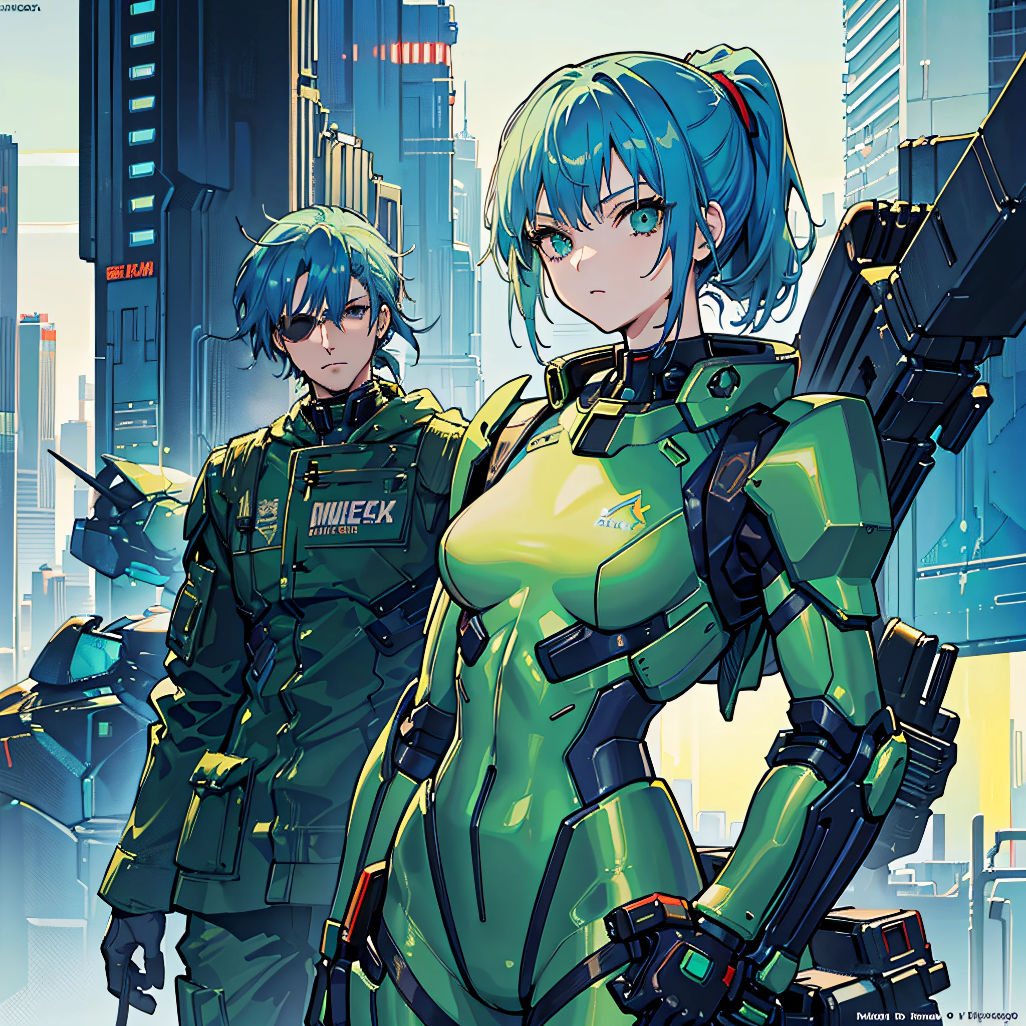 Blue Hair, Masterpiece, Best Quality, One Girl, Medium, (((Album Cover)), Light on Face, Slim Body, Green Costume, Exoskeleton, Metal Gear, Cyberpunk Style, Ponytail, Gundam