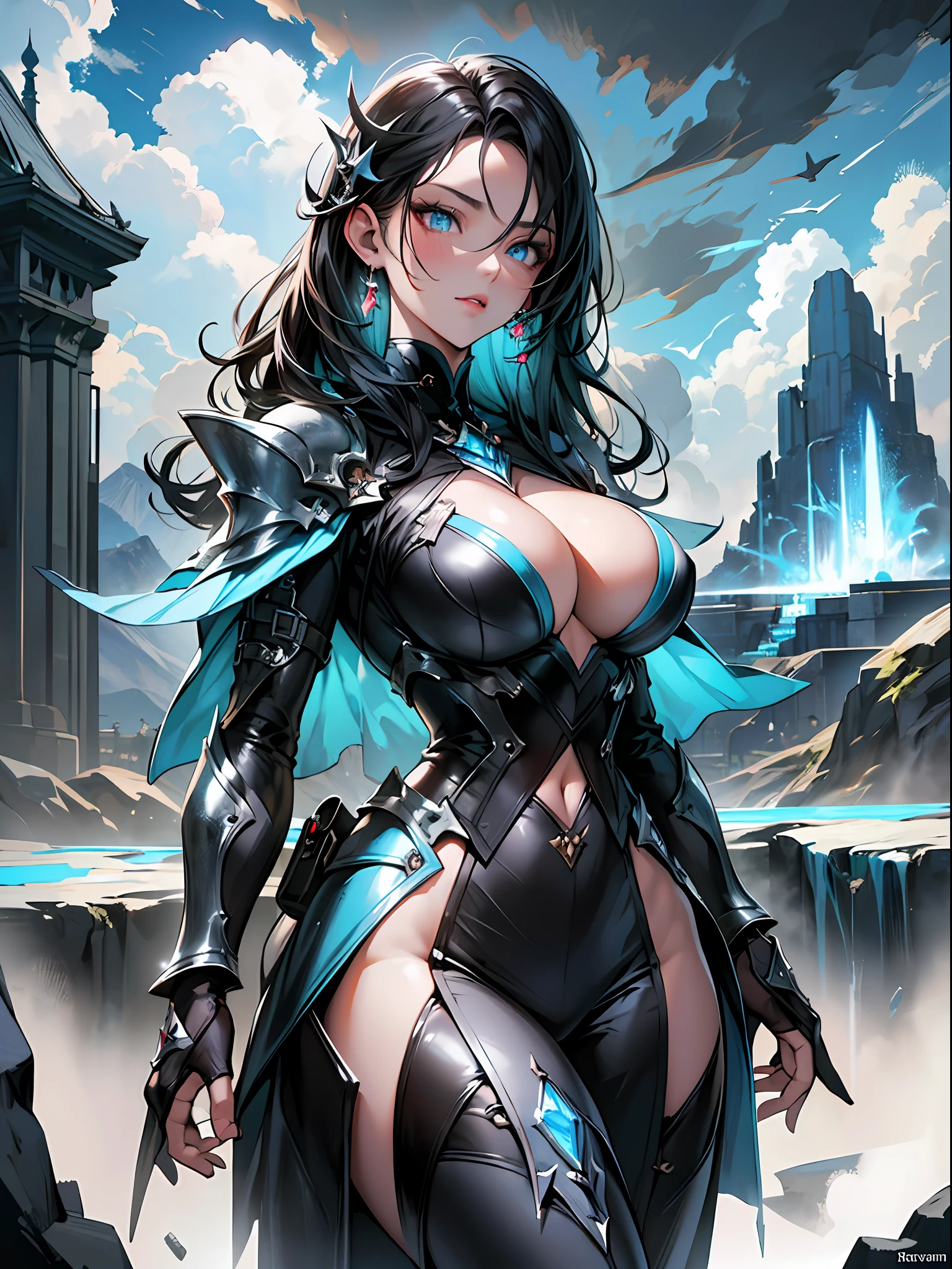 16K, HDR, UHD, ray tracing, absurdres, high res, best quality, masterpiece, depth of field, enormous scale, best quality, masterpiece, award winning, official art, (1girl:1.2), solo, ((beautiful face)), heroic, sexy outfit, glowing detailed eyes, big boobs, cleavage, highly detailed beautiful face, tattoos, glowing, ready for boss fight, trending on art station, dark fantasy, dark sky, massive proportions, mountains, storm, epic proportions, fantastical, dark magical fantasy, landscape