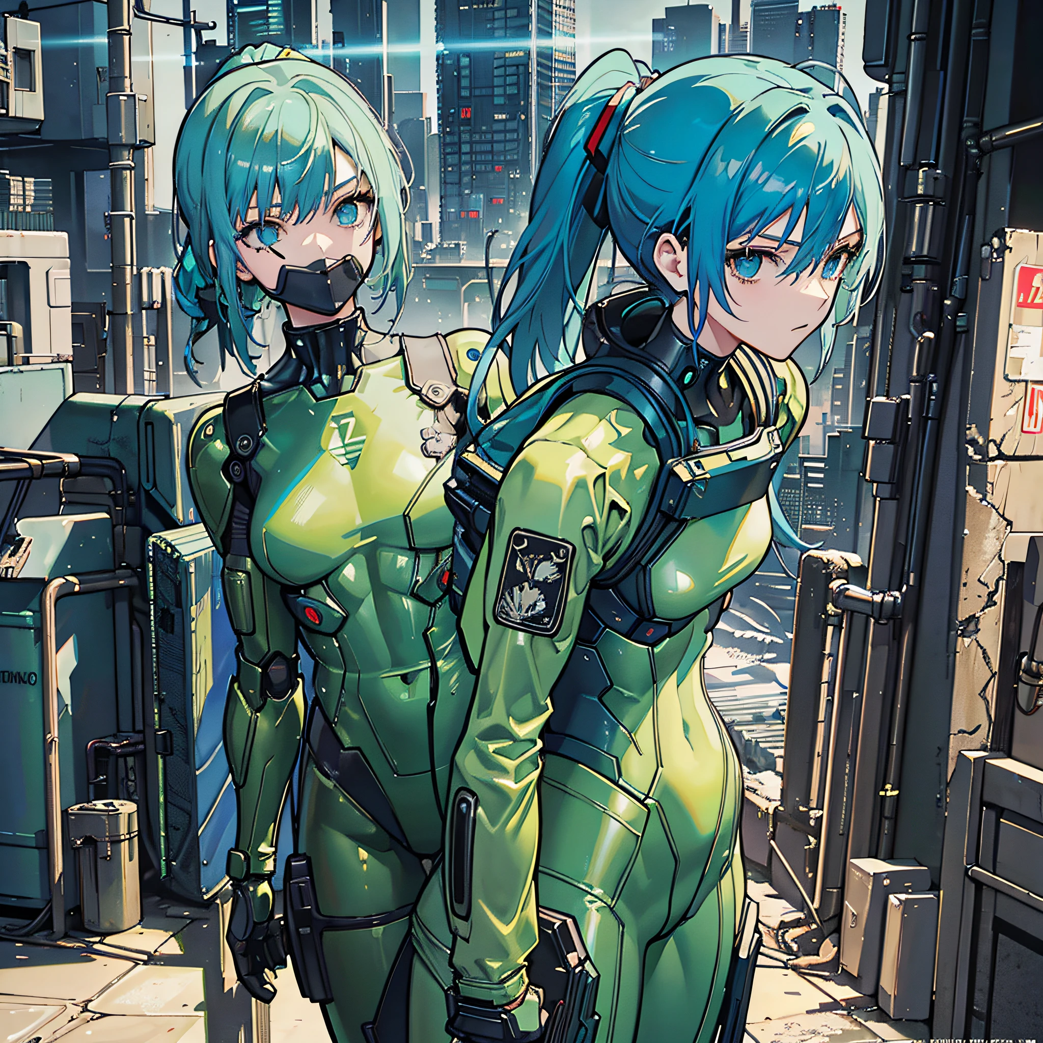 Blue Hair, Masterpiece, Best Quality, One Girl, Medium, (((Album Cover)), Light on Face, Slim Body, Green Costume, Exoskeleton, Metal Gear, Cyberpunk Style, Ponytail, Gundam