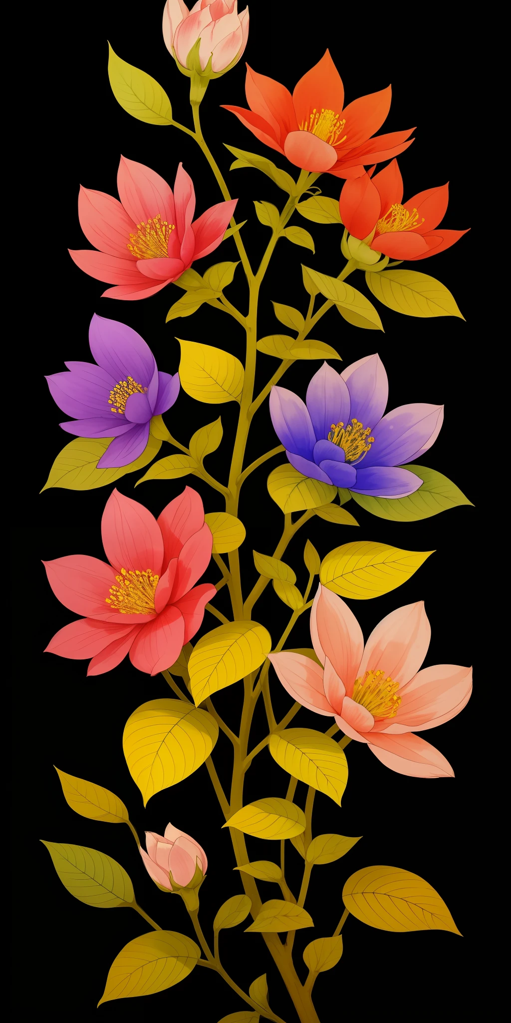 (masterpiece, best quality: 1.2), shukizuma, negative space, shuimobysim, ink painting, colorful colors, traditional Chinese, flowers and leaves, cotyledons, peaceful, (smile), looking at the viewer, color saturation, bright colors, neon
