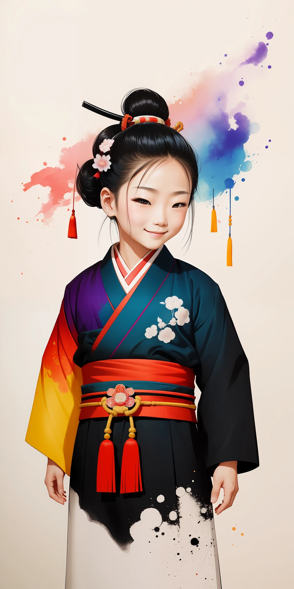 (masterpiece, best quality: 1.2), shukizuma, negative space, , shuimobysim, ink painting, colorful colors, traditional Chinese, samurai, traditional clothing, broad, peaceful, (smile), looking at the viewer, color saturation, bright colors, neon