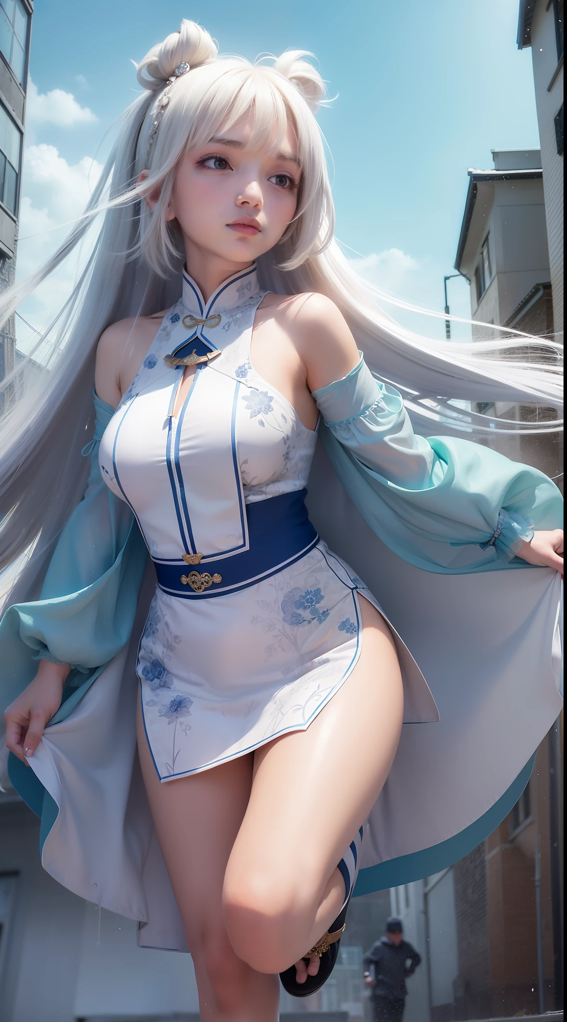 age 23,A stunning girl with long, white legs runs through the streets of a city in Greenland. The blue sky above her is dotted with clouds, and the air is thick with the scent of rain. As she moves, her ancient Chinese dress, soaked from the wet weather, clings to her body, revealing her graceful form. Despite the rain, she moves with purpose and determination, her eyes fixed on the horizon