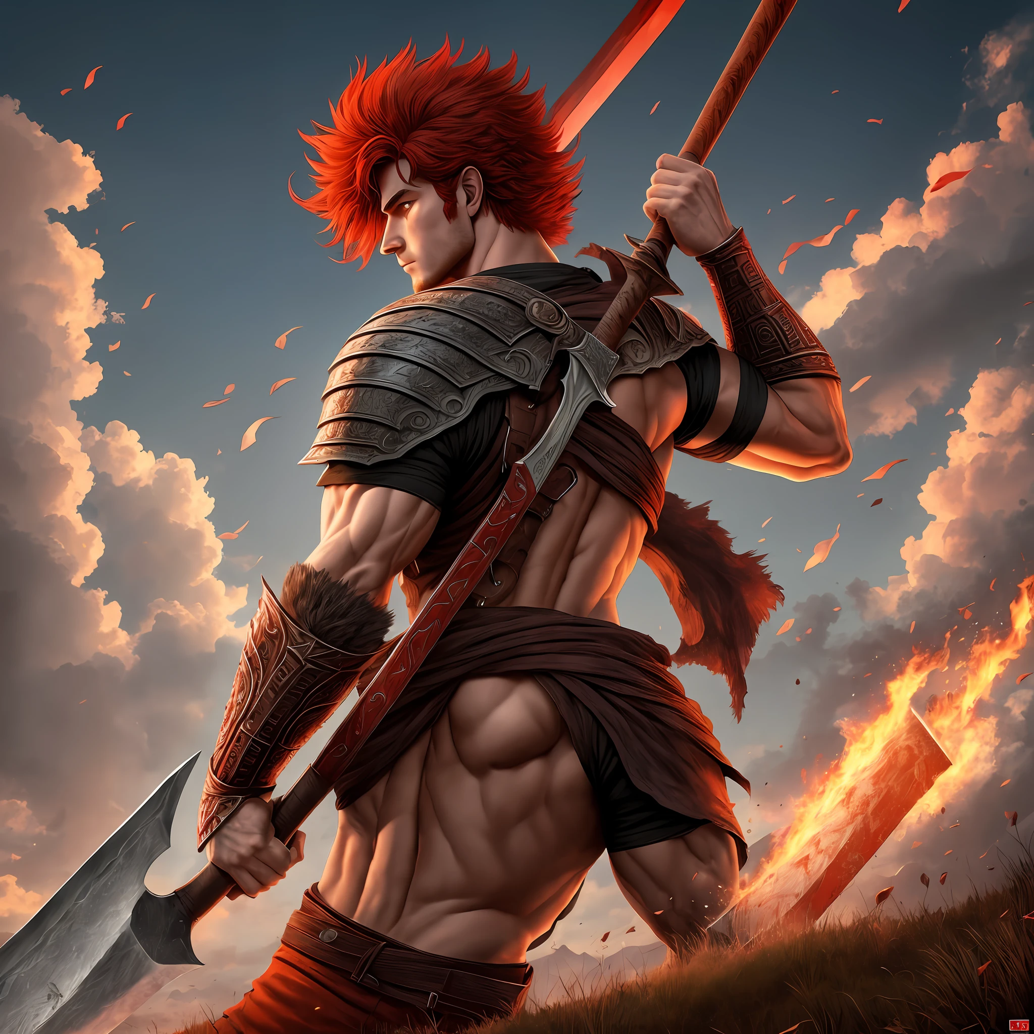 Draw a young man on the hill with big axe on his back, berserk reference, big red hair, art details, 8k, masterpiece, art station, masculinity, muscular --auto --s2