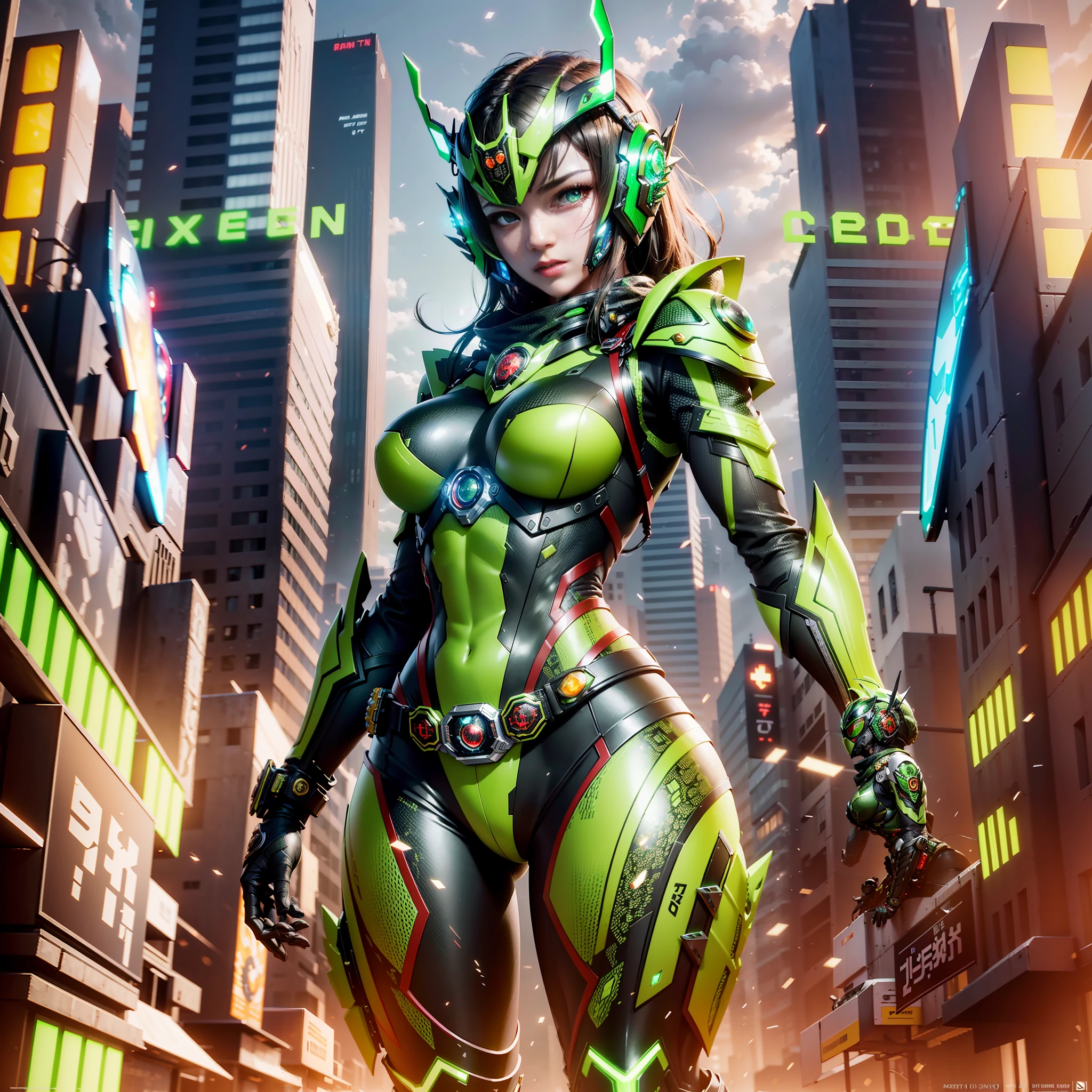 ((highest quality)), ((masterpiece)), (details: 1.4), 3D, 1girl, full-body image, image of a woman in a beautiful green flying locust cyberpunk suit, (((two tactile decorations on forehead)),((Kamen Rider's belt)), (Kamen Rider style)), red horoscope scarf, full-face helmet with the image of a flying locust, (( Cyber Mask with Mechanical Details)), Cyborg Bust Armor, Split Abdominal Armor, Red Cyborg Eyes, HDR (High Dynamic Range), Ray Tracing, NVIDIA RTX, Super Resolution, Unreal 5, Subsurface Scattering, PBR Texturing, Post-Processing, Anisotropic Filtering, Depth of Field, Maximum Clarity and Sharpness, Multilayer Textures, Albedo and Specular Maps, Surface Shading, Accurate Simulation of Light-Material Interactions, Slender Body, Perfect Proportions, Sharp Eyeliner, (Full Body)), Sharp Focus, Octane Rendering, Two-tone Lighting, Wide Aperture, Low ISO, White Balance,Rule of Thirds,8K RAW,Circuit Board AI, 4k, foggy, night city background,