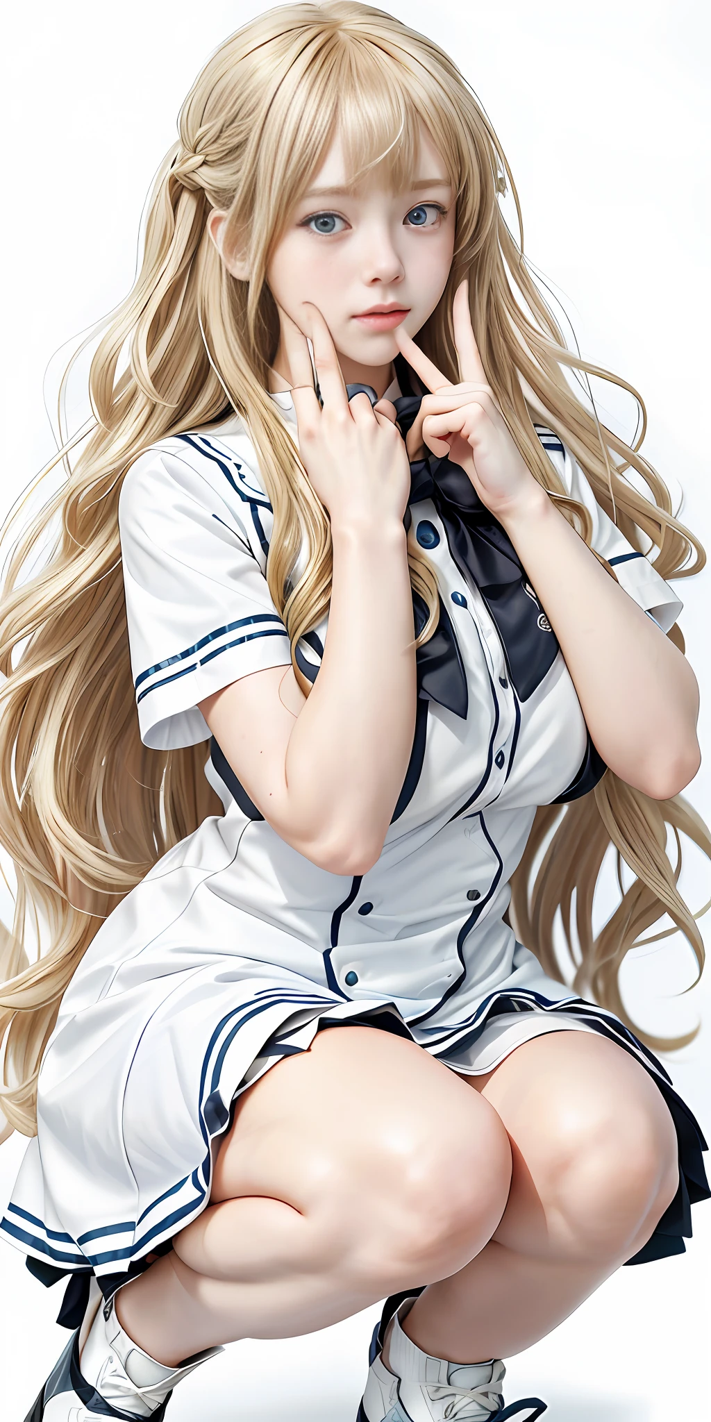 Squat long hair tie girl, long blonde hair, curly hair, kantai collection style, heavy gesture style close-up, fine details. Girl Front, Shikamimi, from Girls Frontline, age girl in dress, blonde long-haired girl, white leather shoes, blue eyes, (sad eyes), (bangs), (hands caressing face), (four fingers), sadness, crying