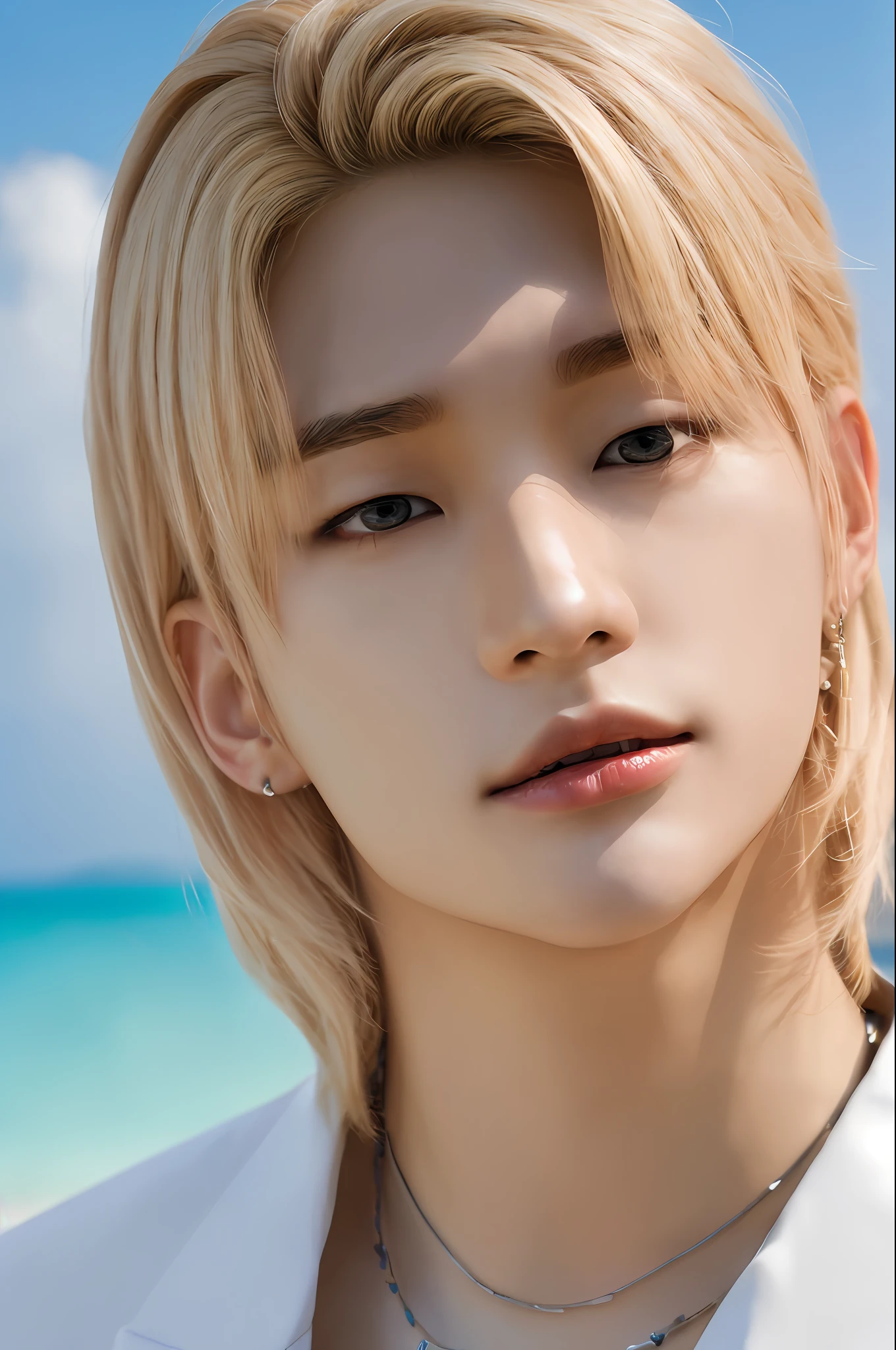 Hyunstayv2, frontal, sparkling, split lips, (blonde hair:1.2), (ultra realistic:1.2), (close-up photo:1.1), (intricate:1.2), (beach background:1.2), (looking at the viewer:1.2), (a perfectly detailed and similar composition of Hwang Hyunjin's face)