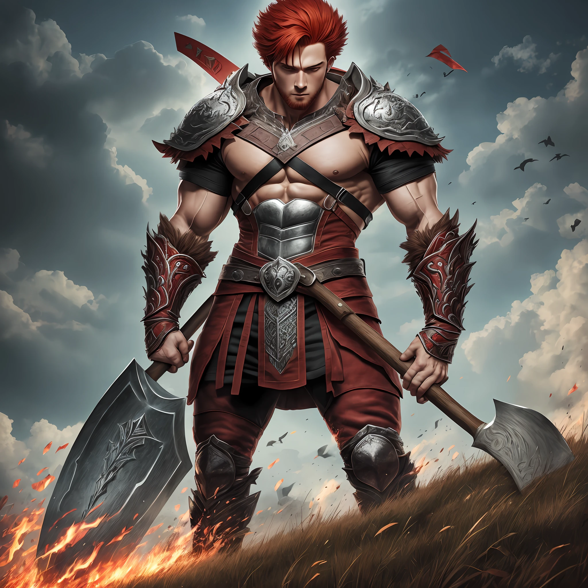 Draw a young man on the hill with big axe on his back, berserk reference, big red hair, art details, 8k, masterpiece, art station, masculinity, muscular --auto --s2