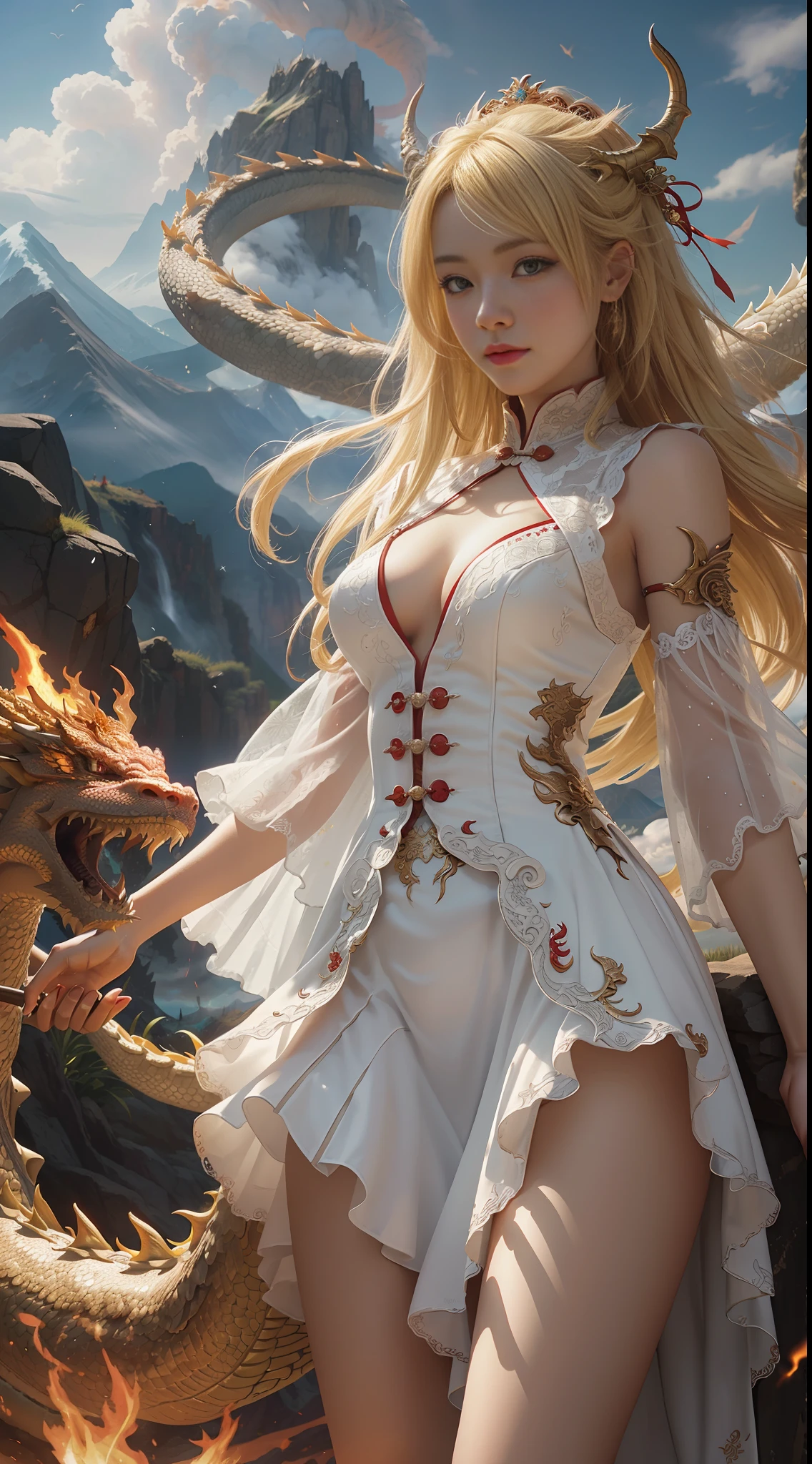 Very detailed CG, (beautiful detail eyes, girl surrounded by dragon, white dress, 1 girl, medium breasts, bare legs, firstborn dragon horn, long skirt, blonde hair), (flame dragon, red dragon, Chinese dragon), volcanic eruption, flame special effects, sky, mountains, clouds, ribbon, dynamic angle, ethereal, 8k wallpaper, masterpiece, best quality, super detailed, best lighting, best shadow,