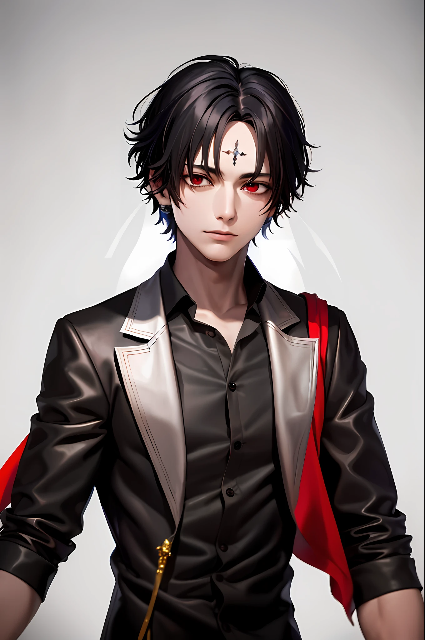 Crollo Lucifer, Attention on the head, a young man with short and curly black hair, decorated with a black cloth. Detail his face, focus on his calm expression and striking red eyes.