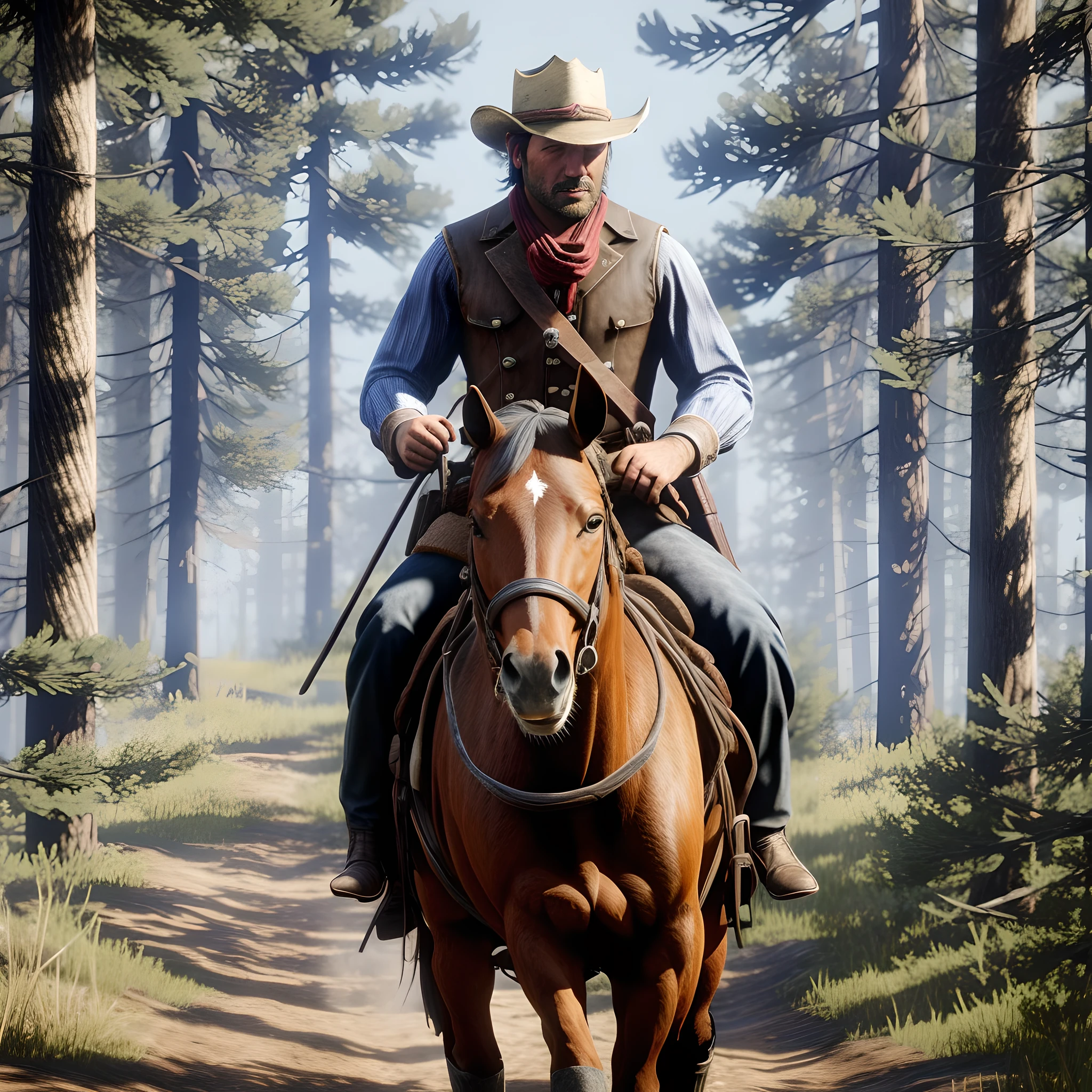 cowboys are riding horses in a wooded area with a man on horseback, in red dead redemption 2, arthur morgan, red dead redemption2, red dead redemption 2, rdr2, in red dead redemntion 2, rdr 2 mod, red dead redemption, [ red dead ], a train in red dead redemption 2, red dead redemption art style, dead redemption