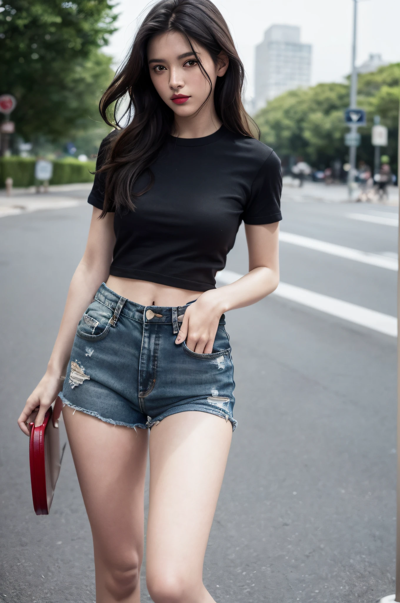 1 girl,(1 18-year-old girl),(realistic:1.7),((best quality)),absurdres,(ultra high res),(photorealistic:1.6),photorealistic,octane render,(hyperrealistic:1.2), (photorealistic face:1.2), (8k), (4k), (Masterpiece),(realistic skin texture), (illustration, cinematic lighting,wallpaper),( beautiful eyes:1.2),((((perfect face)))),(cute),(standing),(black hair),(long hair),black eyes,(black t-shirt),(denim shorts),(red lips:1.1),(outdoors),(cityscape),