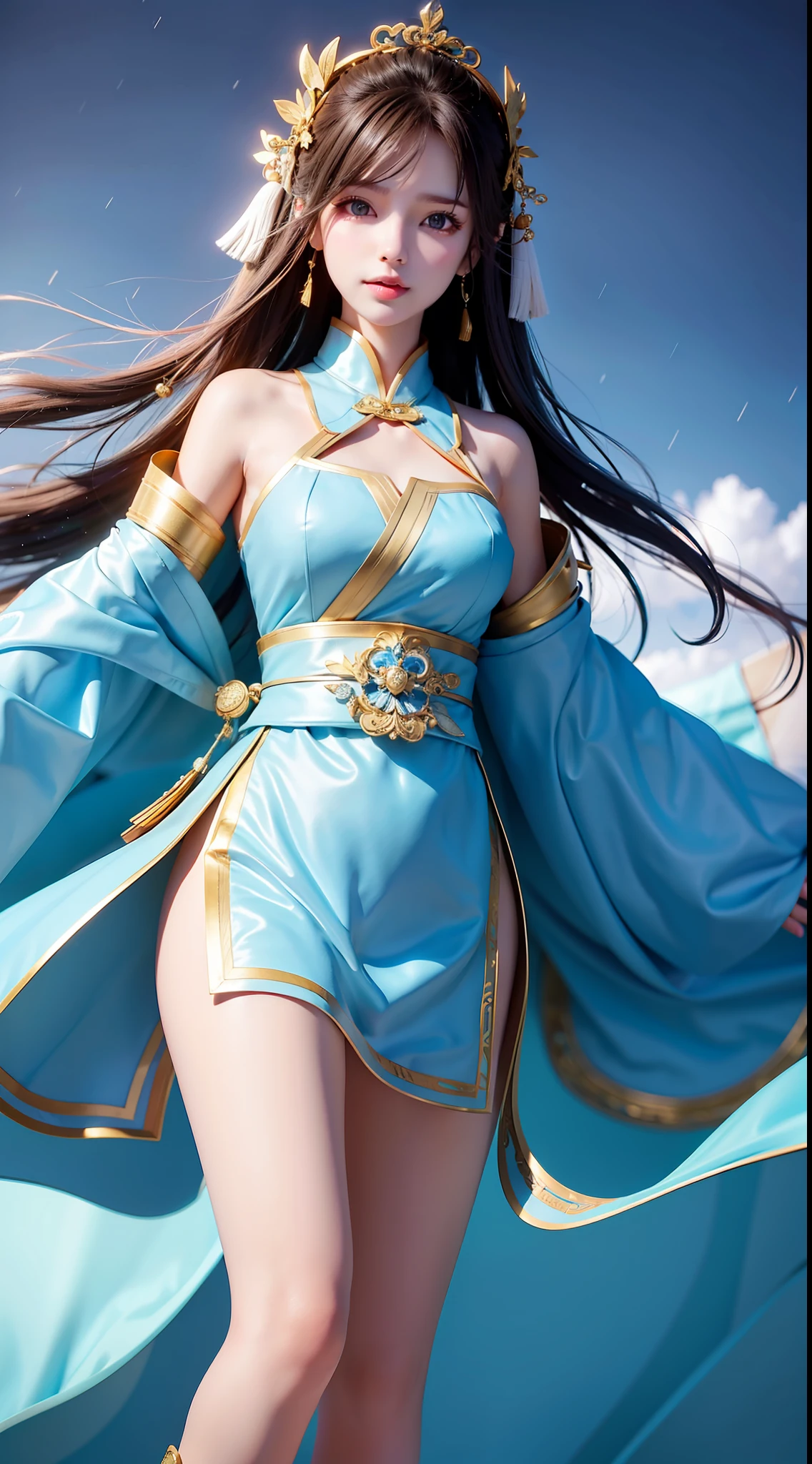 A stunning girl with long, white legs runs through the streets of a city in Greenland. The blue sky above her is dotted with clouds, and the air is thick with the scent of rain. As she moves, her ancient Chinese dress, soaked from the wet weather, clings to her body, revealing her graceful form. Despite the rain, she moves with purpose and determination, her eyes fixed on the horizon